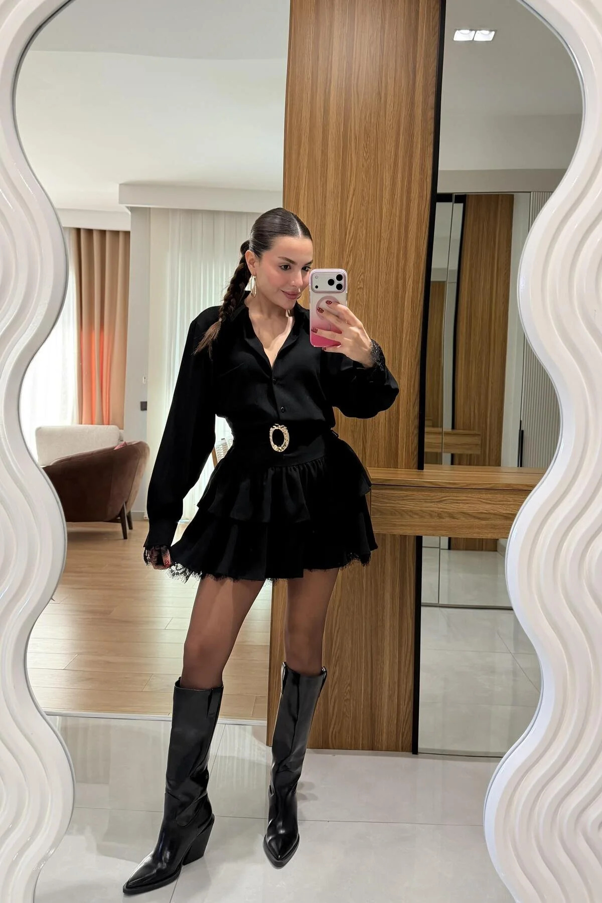 Gizem Ecemiş Marsha Siyah Dantel Detaylı Kemerli Elbise görsel 2