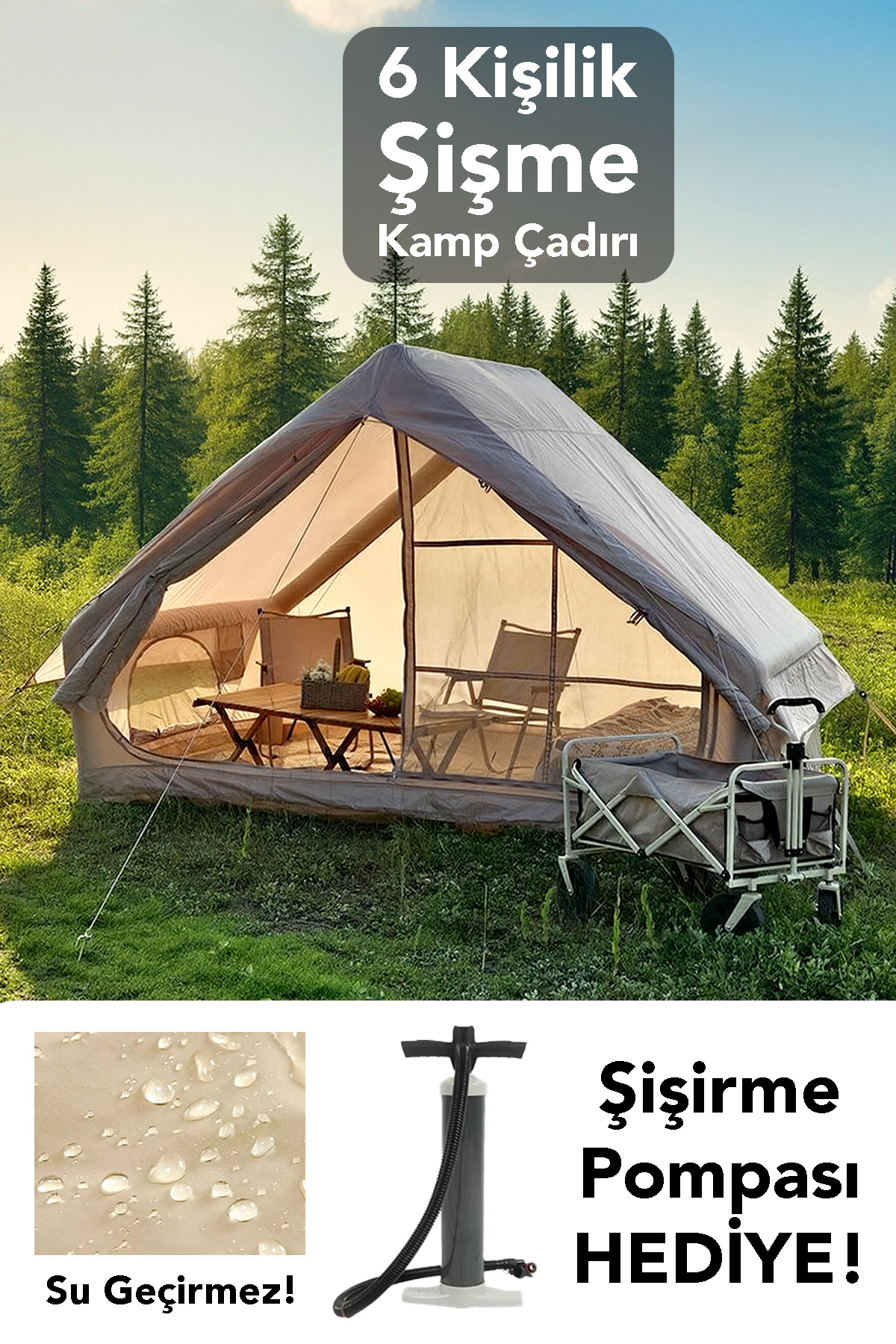 Single Door Camping Tent for 6 - 4 Seasons Waterproof Inflatable Camping Tent 300x210cm