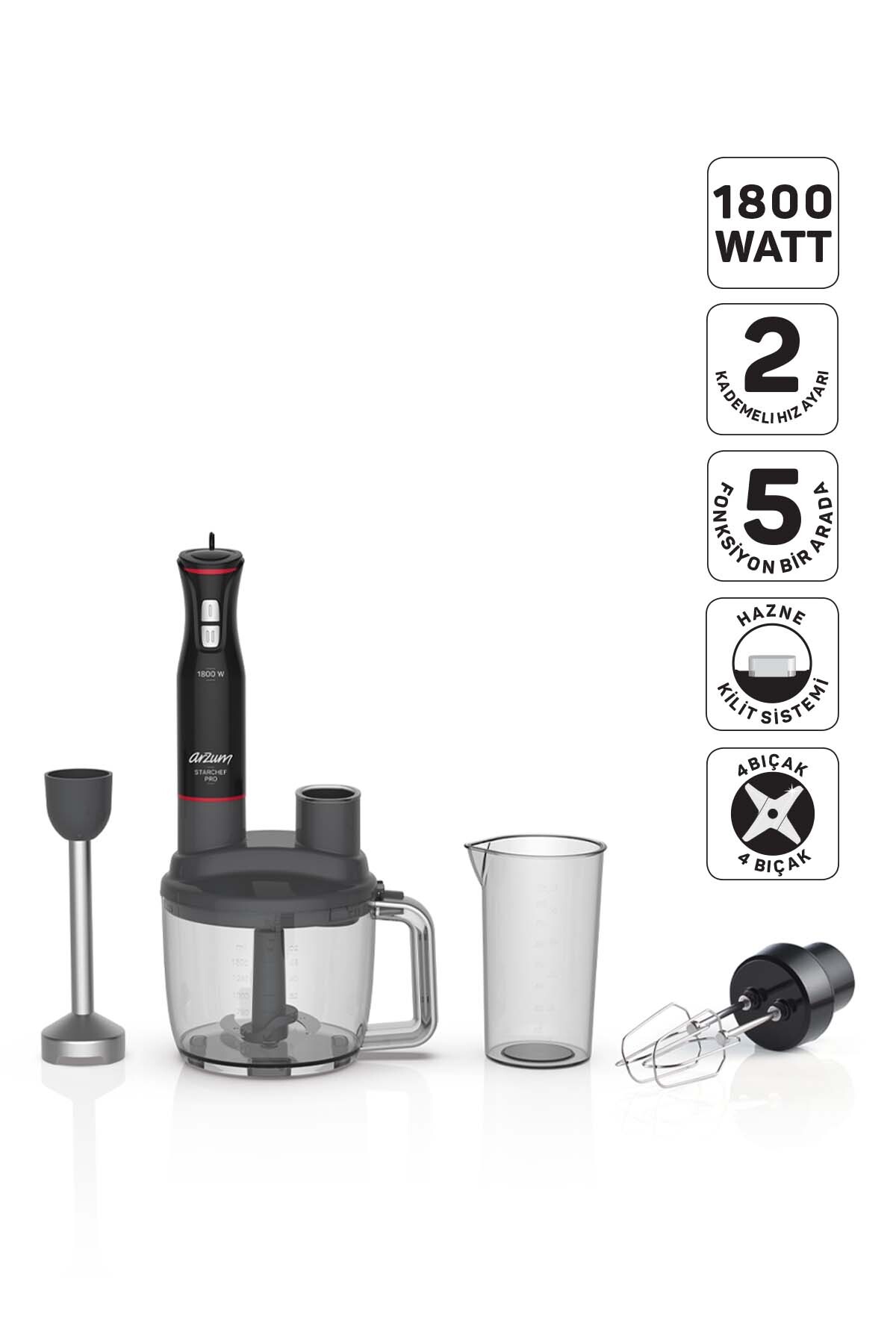 AR1204 Starchef Pro 1800W 1.5 L Reservoir 2-Stage Multi Blender Set with 4 Blades, Black
