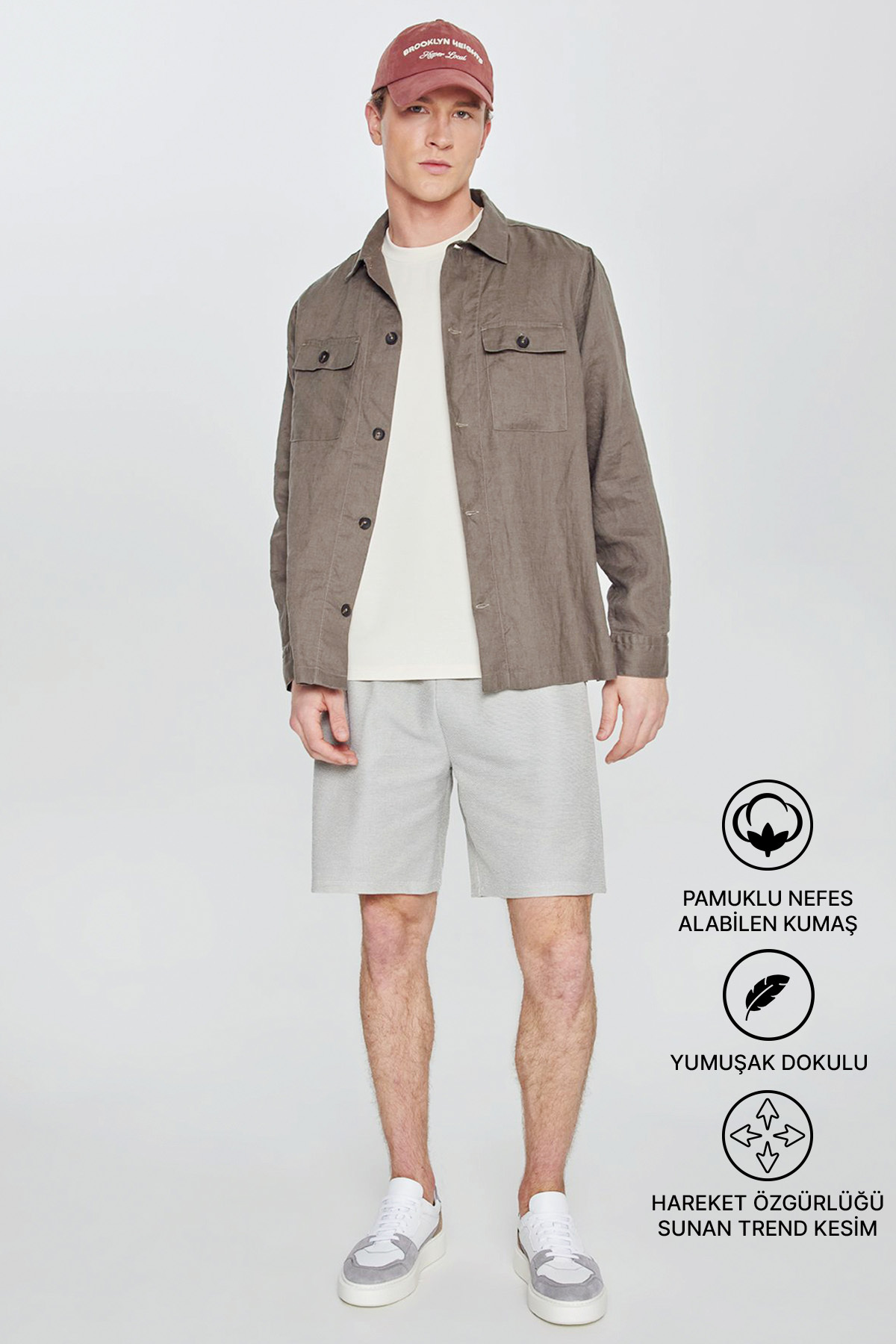 Men's Khaki Cotton Standard Fit Knitted Shorts with Tied Waist and Side Pockets