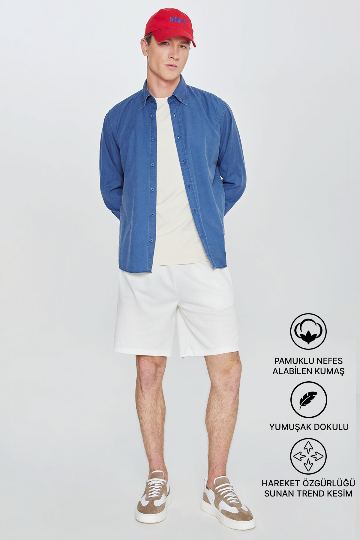 Men's White Cotton Standard Fit Knitted Shorts with Tied Waist and Side Pockets