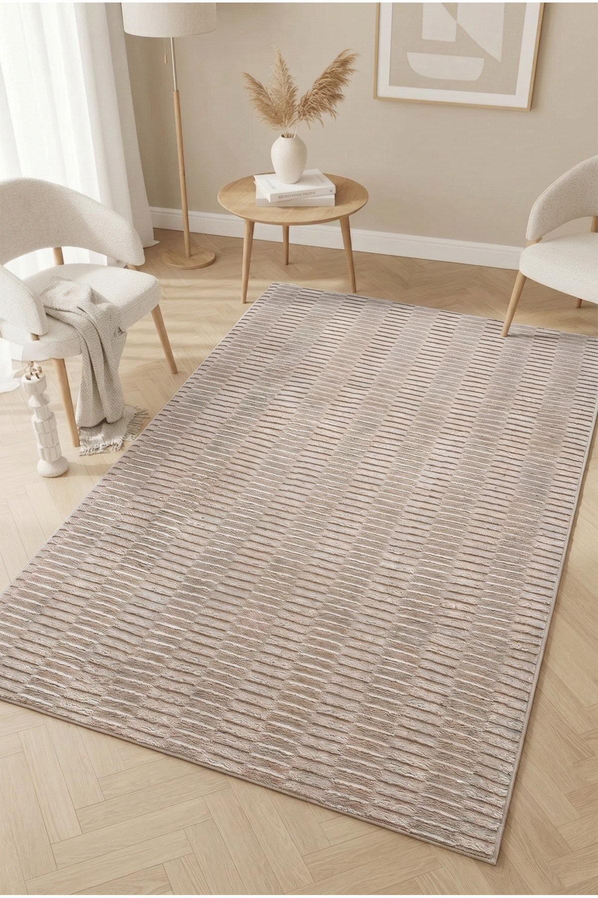 ALgorand Home Modern Minimal Çizgili Dokulu Dekoratif Salon Oturma Odası Halısı Bej Vizon
