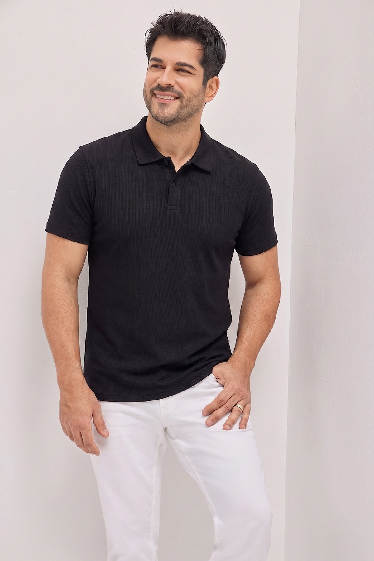Men's Black 100% Cotton Trendy Seasonal Ribbed T-Shirt Slim Fit Polo Neck