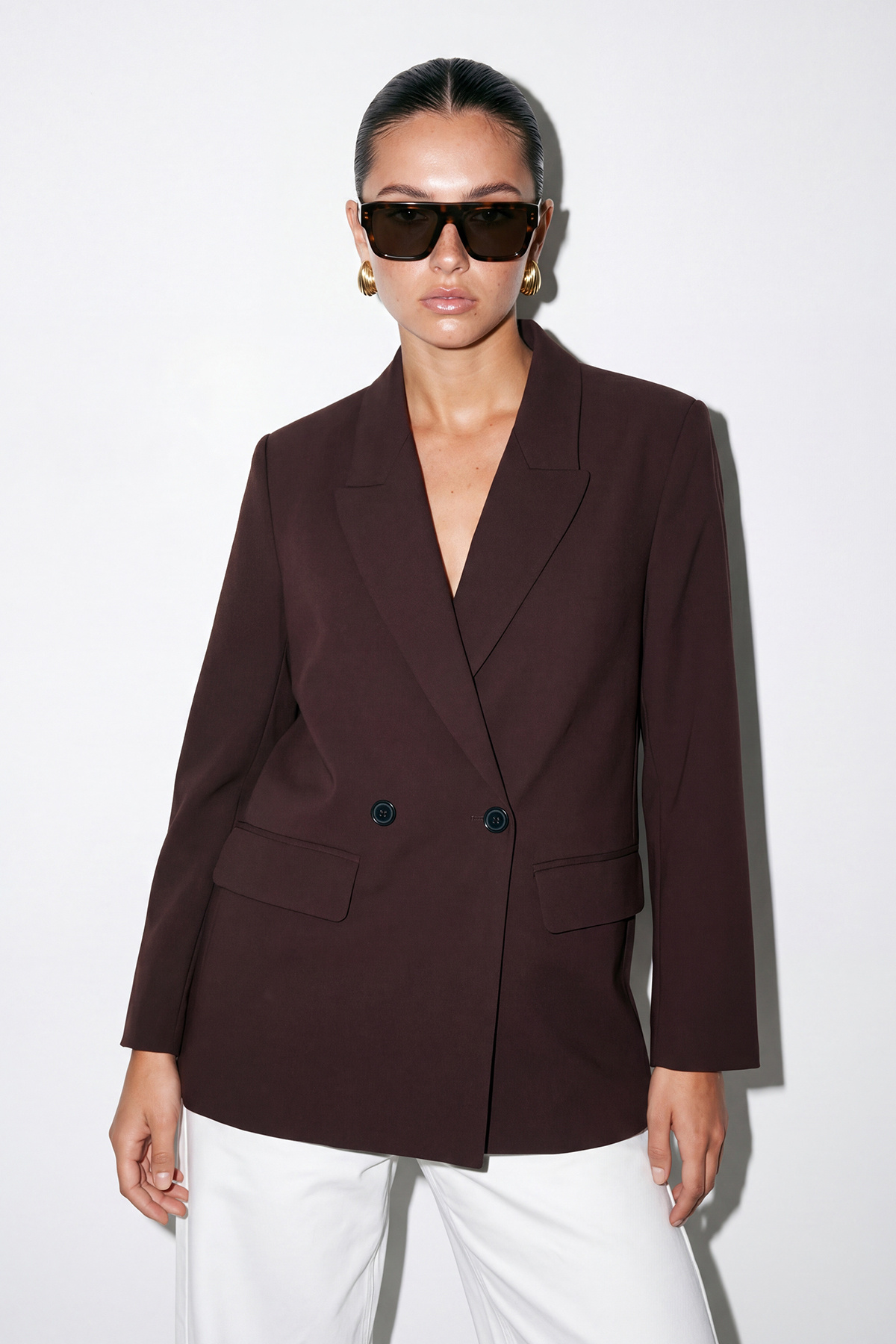 Drop by Trendyolmilla Kahverengi Astarlı Kruvaze Kapama Dokuma Blazer Ceket TDRSS26CE00008