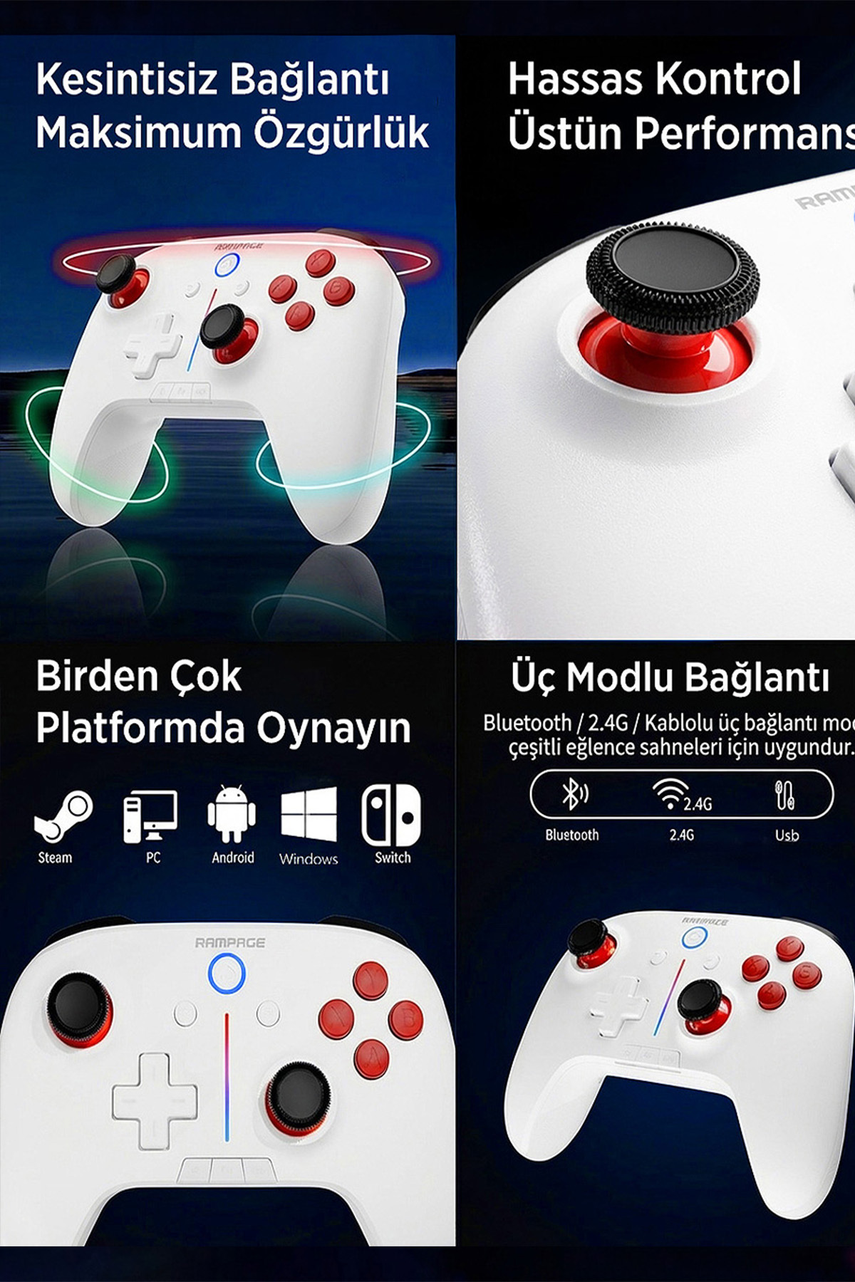 HYDRA PRO Beyaz BT + 2.4 GHz Şarj İstasyonlu PC Gamepad RGB Joypad 5