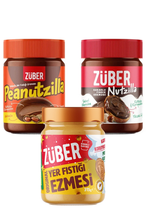 Züber Peanutzilla 315g + Nutzilla 315g + Original Yer Fıstığı Ezmesi 315g
