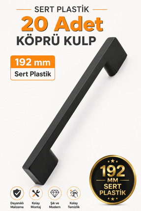 Badem10 (SERT PLASTİK) 20 Adet Köprü 192 Mm Siyah Mobilya Mutfak Çekmece Dola...