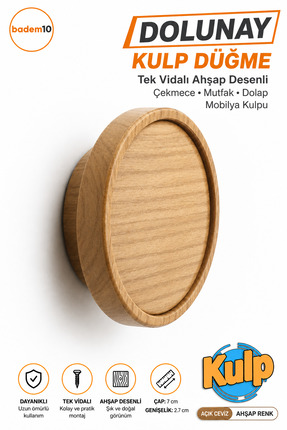 Badem10 Dolunay Kulp Düğme Tek Vidalı Ahşap Desenli Çekmece Mutfak Mobilya Do...
