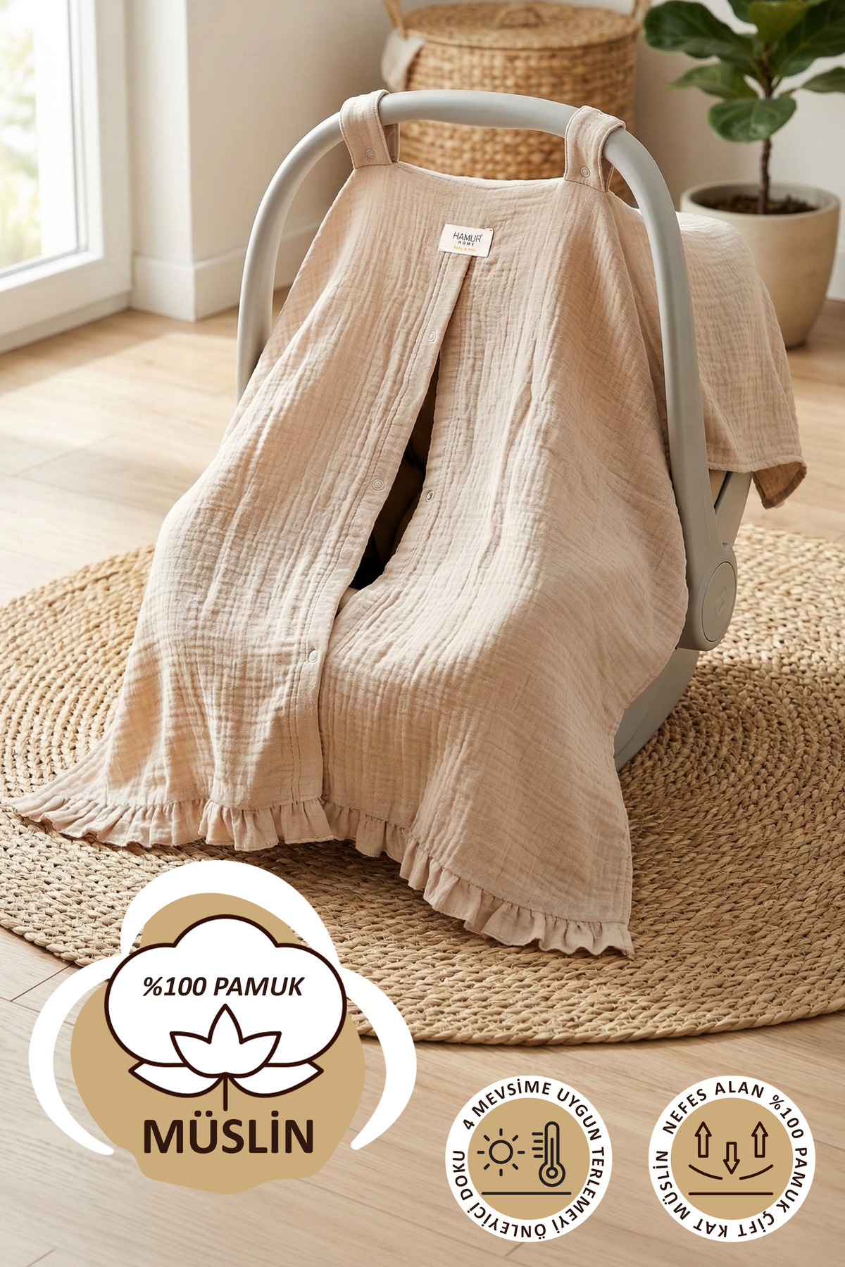 Double Layered Muslin Newborn Stroller Cover 100% Cotton Frilly Stroller Sun Shade Beige