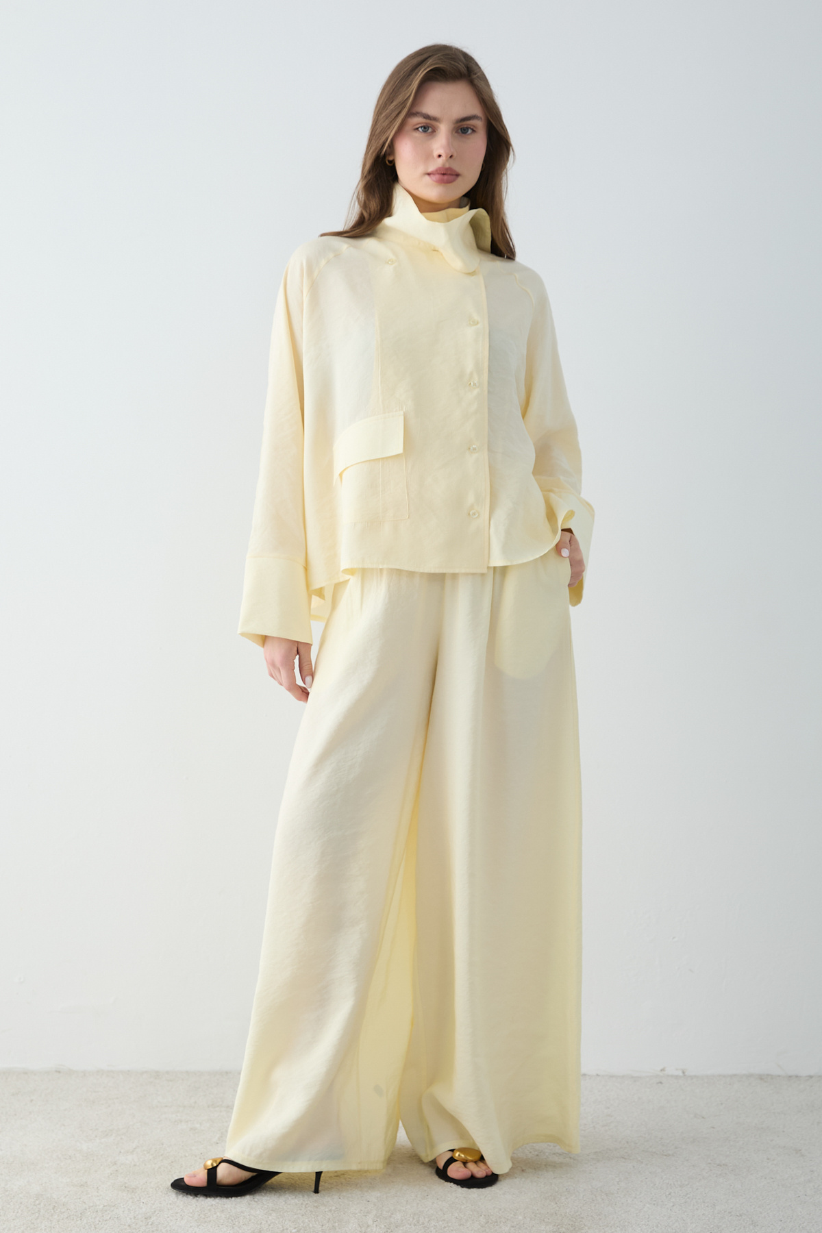 Trendyol Collection Yellow Stand Collar Shirt Wide Leg Pants Woven Bottom&Top...