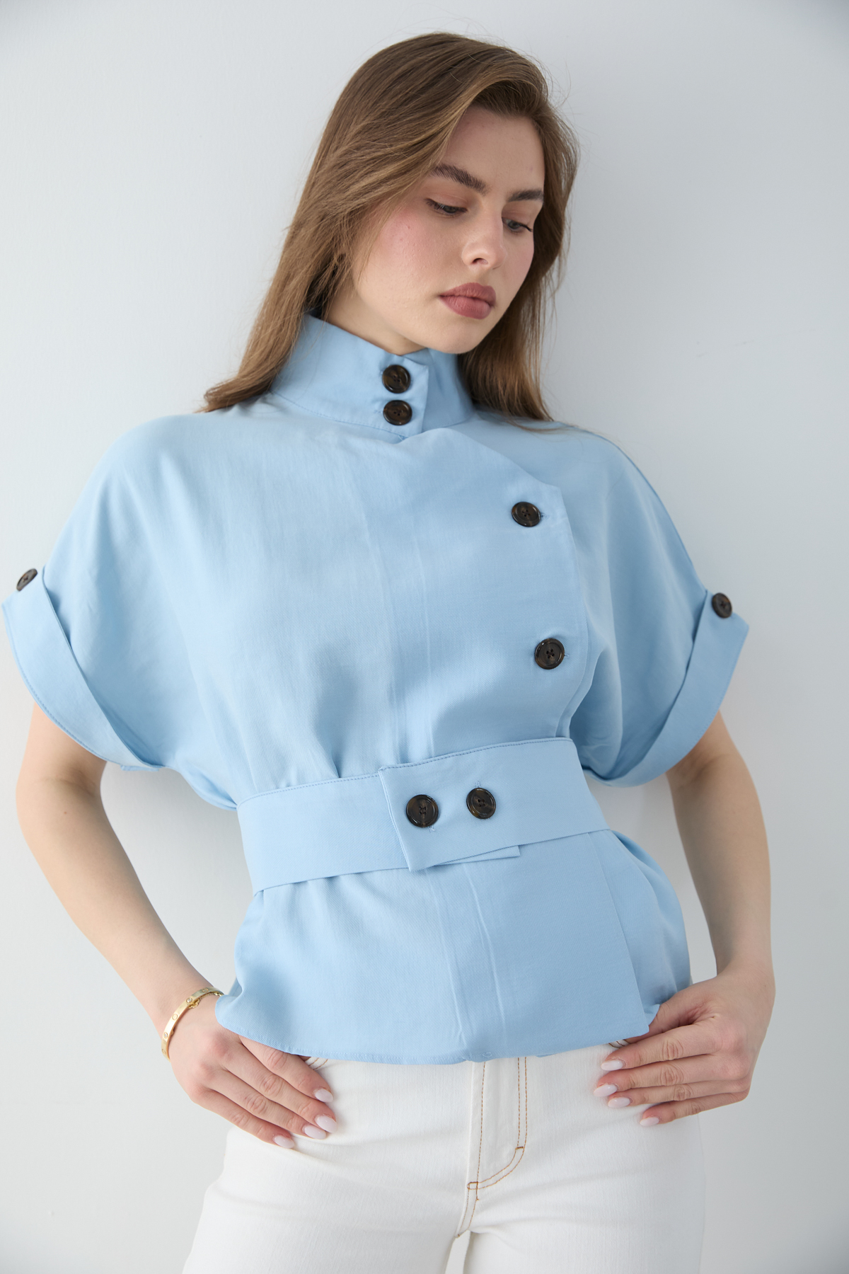 Trendyol Collection Blue Liyosel Draped Soft Textured Short Sleeve Blouse Jacket Twoss26Ce00043