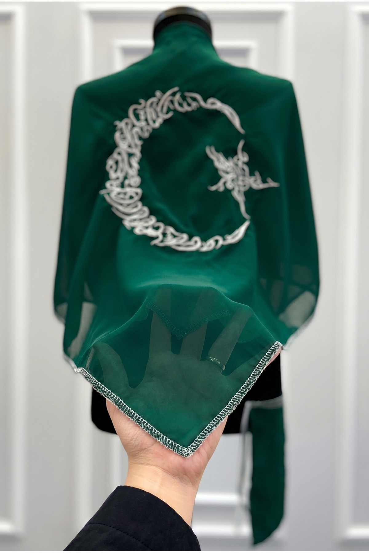 Square Green Chiffon Groom Shoulder Cover, Silver Ayyıldız Embroidery Glitter Edge, Best Man Bridesmaid Henna Soldier Veil