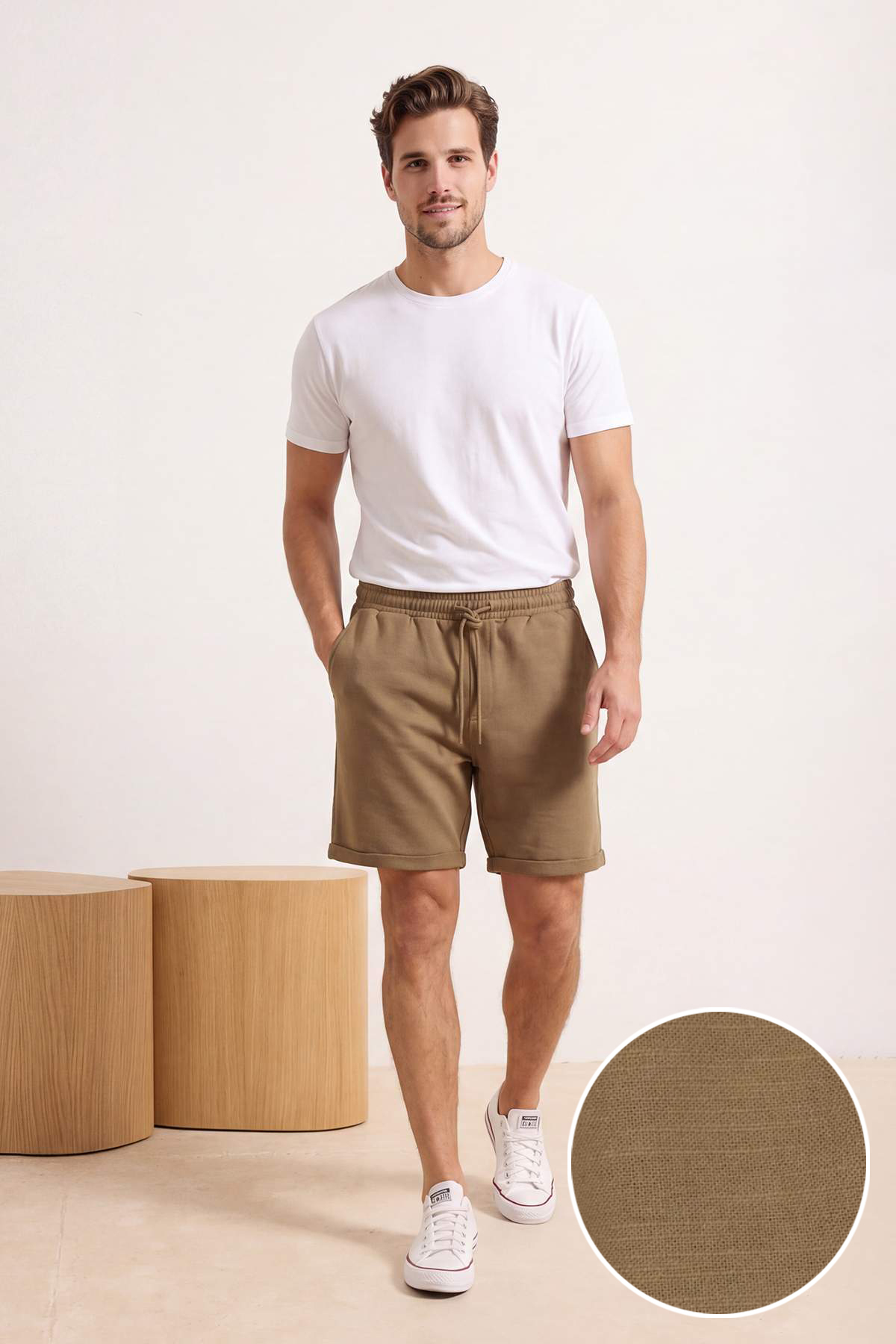 Trendyolmilla Man Vizon Beli Lastikli Keten Görünümlü %100 Pamuk Dokuma Erkek Şort & Bermuda TMNSS26SR00008