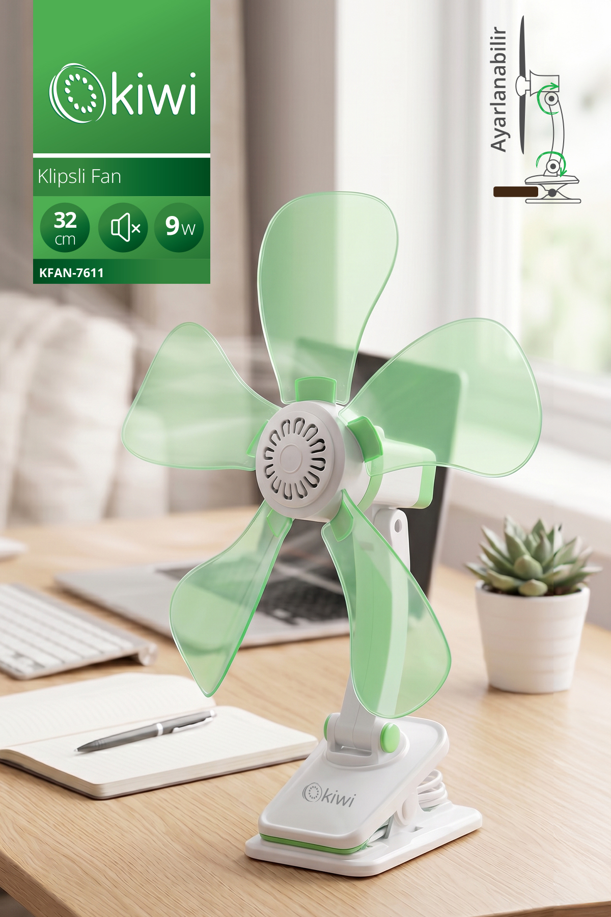 Kiwi KFAN-7611 Klipsli Fan | 32 cm & 180° Eğim & Sessiz Çalışma