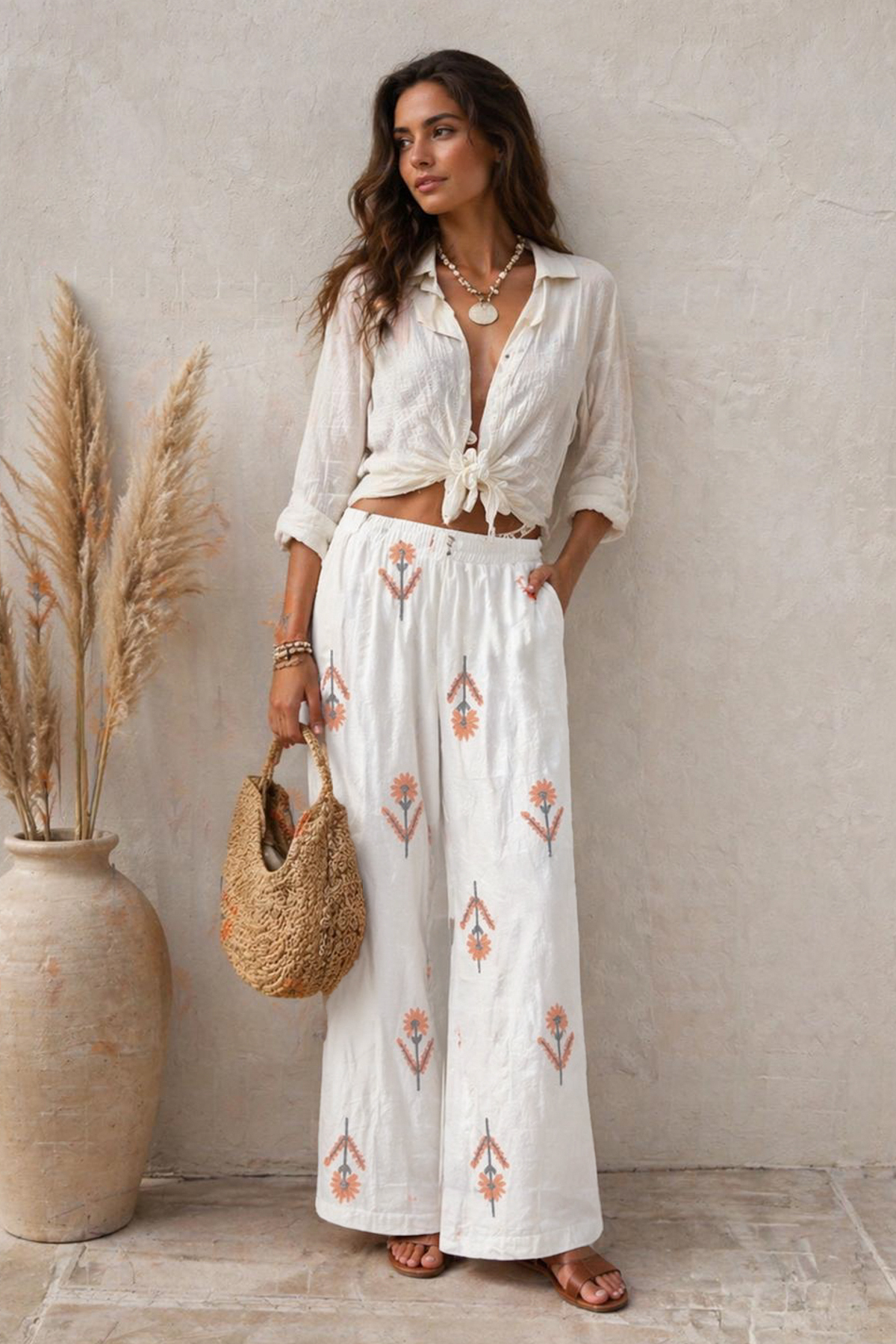 Trendyolmilla Beyaz Çiçek Nakışlı Astarlı Lastikli Geniş Paça Pantolon TWOSS26PL00222