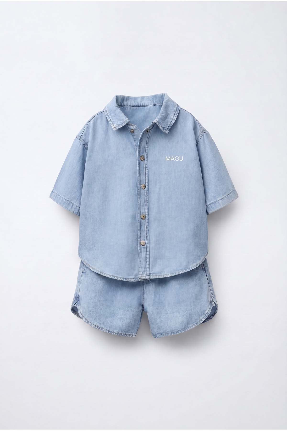 Boys Oversize Denim Blue Shirt Shorts Set - Summer Double Set