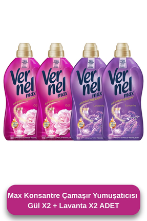 Vernel Max Konsantre Çamaşır Yumuşatıcısı 4 x 1440ml (240 Yıkama) 2 Gül + 2 T...
