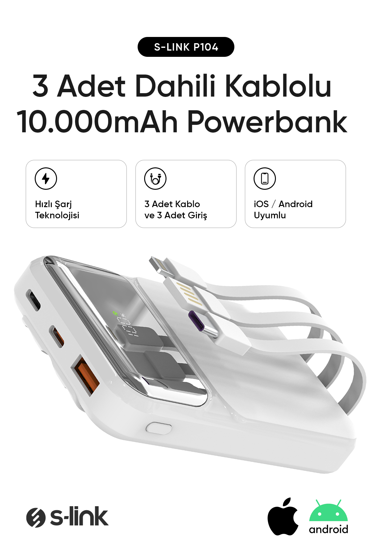 P104 10000mAh PRM Dahili Kablolu HSC22.5W+PD20W Beyaz LCD Powerbank 2