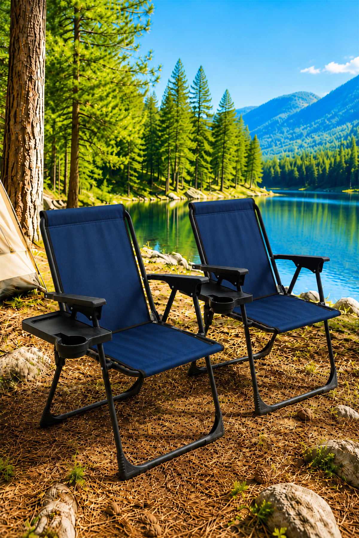 Natura 2 Camping Chairs Folding Picnic Chair Rectangular Cup Holder Navy Blue