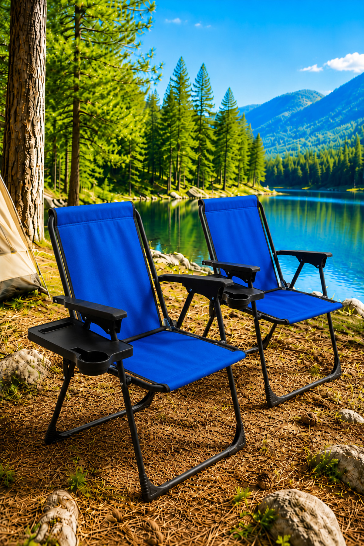 Natura 2 Piece Camping Chair Foldable Picnic Chair Blue with Rectangular Cup Holder