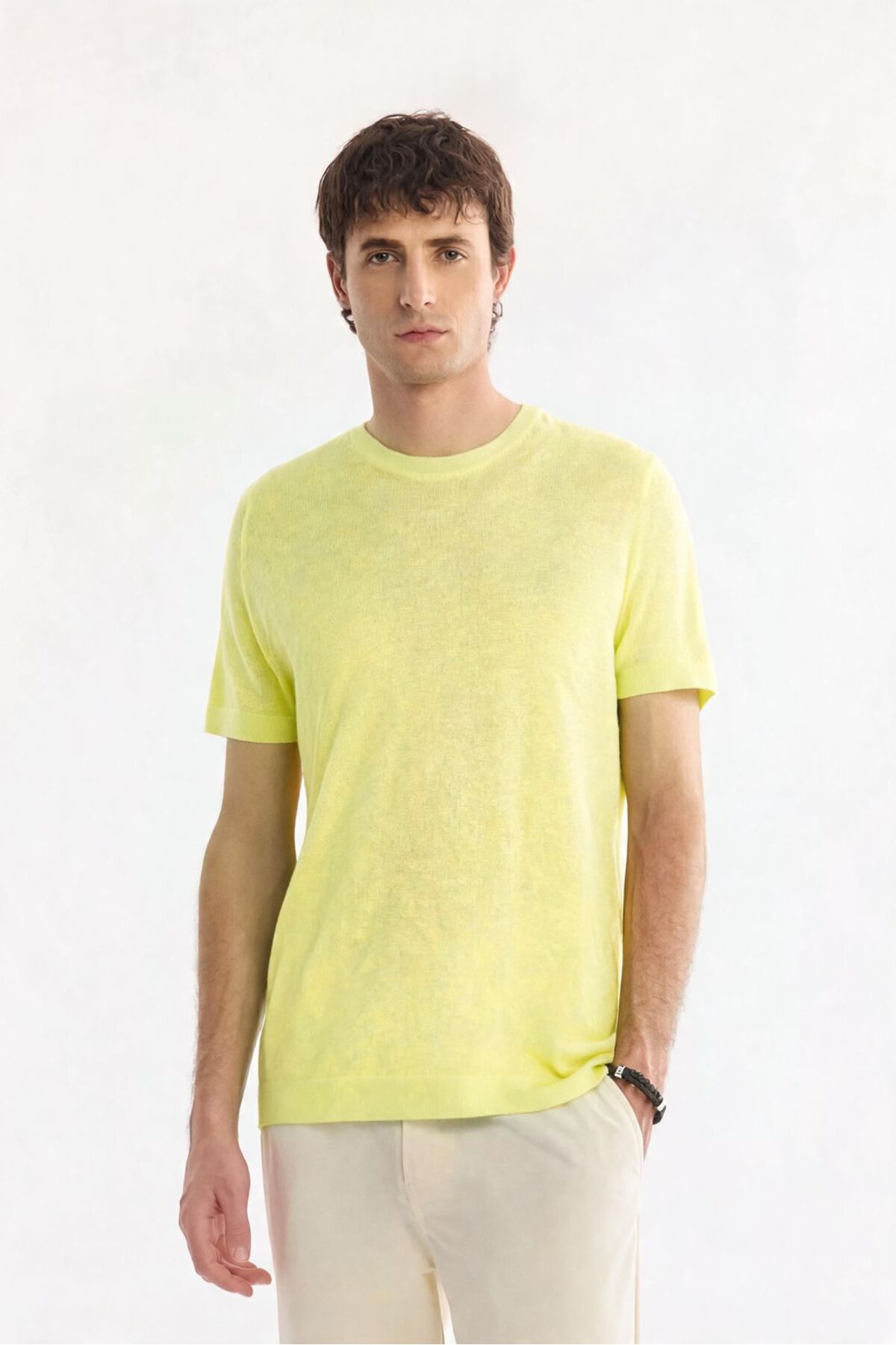 Men's Neon Green Crew Neck Knitwear Regular Fit T-Shirt A41Y5074
