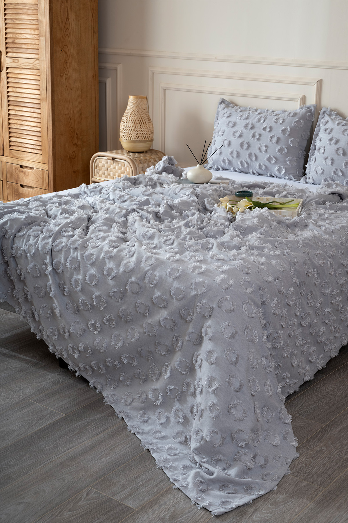 Koza Home Sitra Gri Çift Kişilik Püsküllü Çeyiz Yatak Örtüsü 230x250 2 Yastık 50x70 5033 7