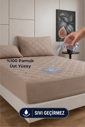 Formeya Premium Bej %100 Pamuk Kapitone Fitted Full Kenar Su Sıvı Geçirmez Ya...