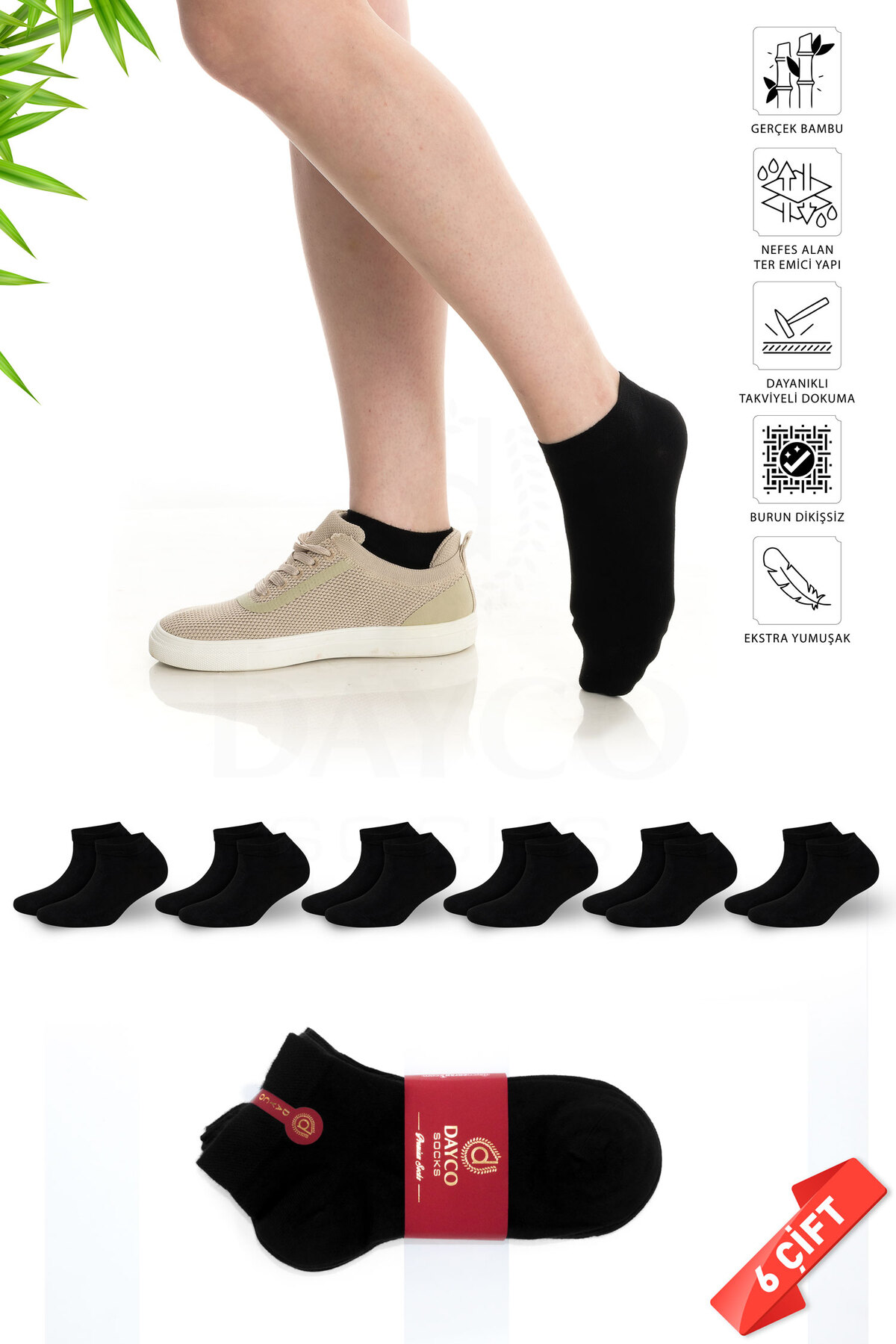 Premium Seamless Women's Bamboo Booties Socks 6-Piece Black Set- 10553-S - 36-40