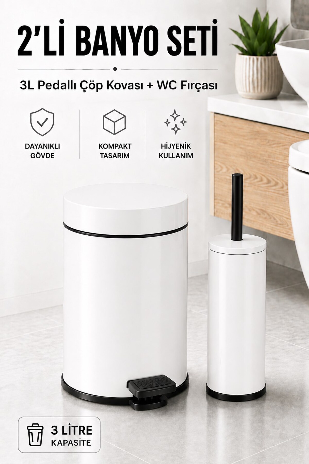 Pedal Trash Can 3 Liter Inner Bucket Toilet Brush Bathroom Set with Lid White - Titan 7103
