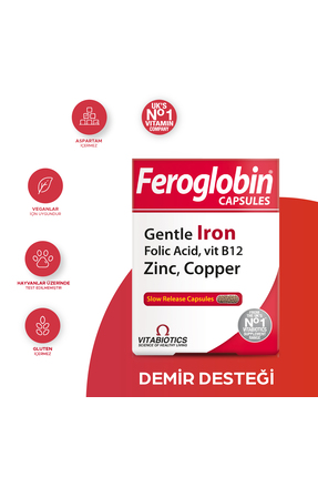 Vitabiotics Feroglobin Demir,Vitamin B12,Folik Asit,Çinko,Bakır İçeren Gıda T...