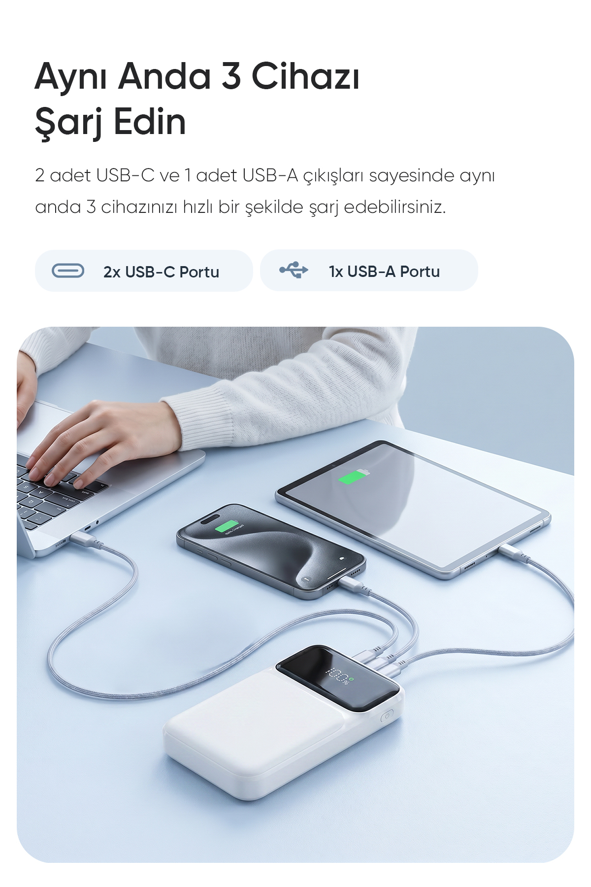 P104 10000mAh PRM Dahili Kablolu HSC22.5W+PD20W Beyaz LCD Powerbank 9