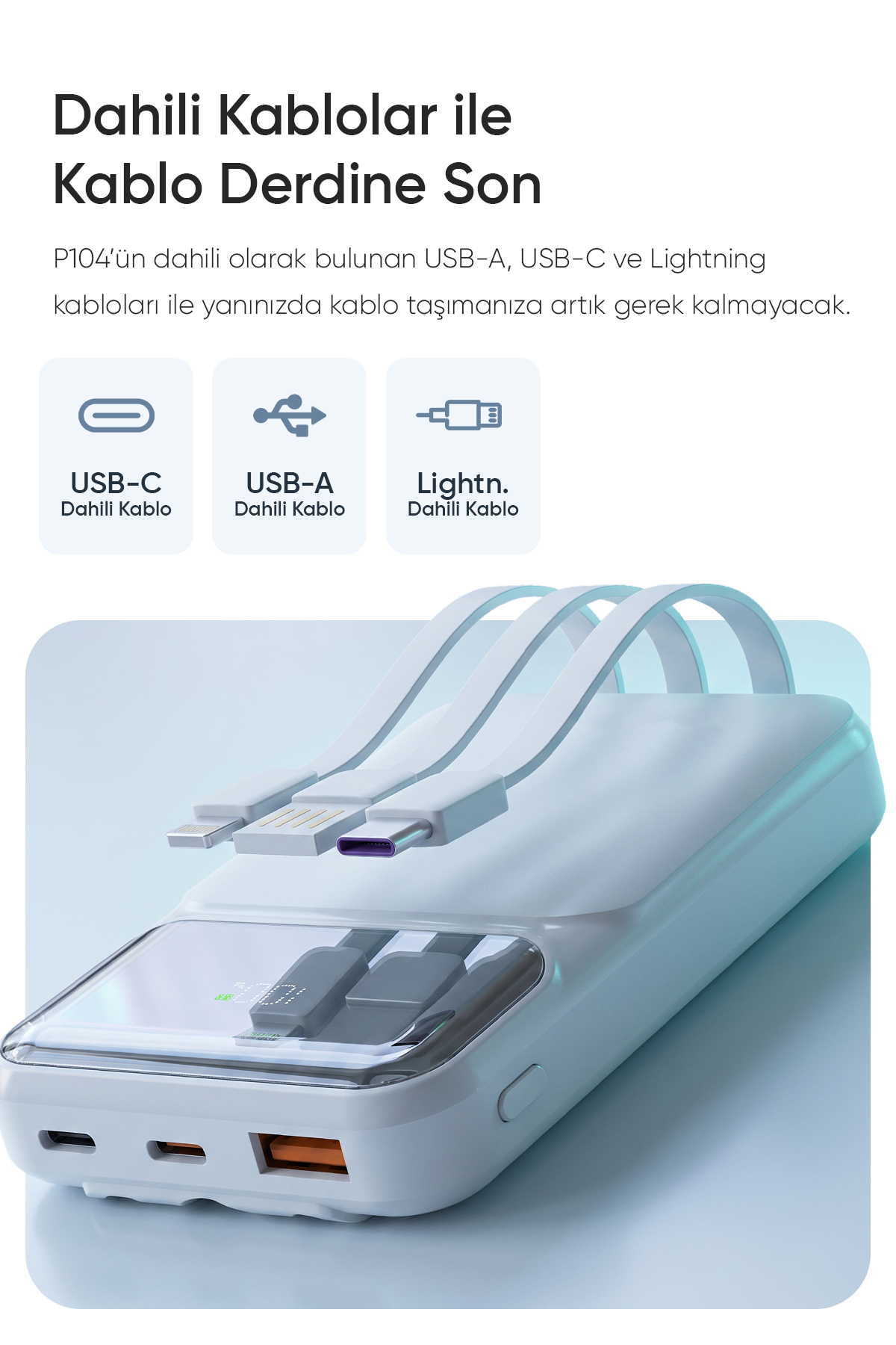P104 10000mAh PRM Dahili Kablolu HSC22.5W+PD20W Beyaz LCD Powerbank 6