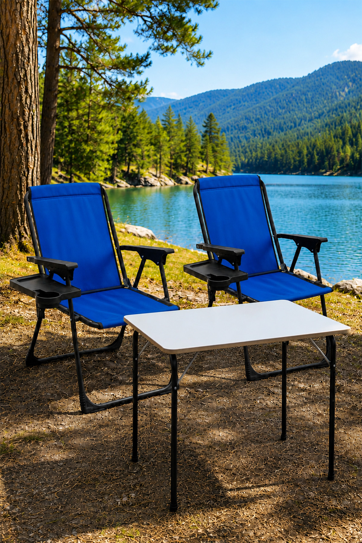Natura 2 Piece Camping Chair Folding Chair Rectangular with Cup Holder Blue Folding MDF Table Blue