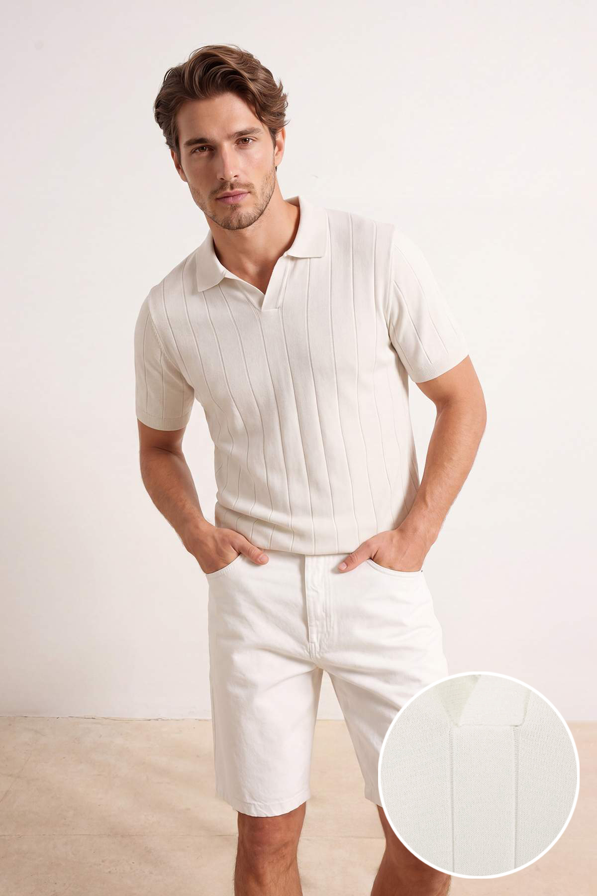 Trendyolmilla Man Ekru Regular/Normal Kesim Çizgi Dokulu Triko Polo Yaka T-shirt TMNSS26PO00042