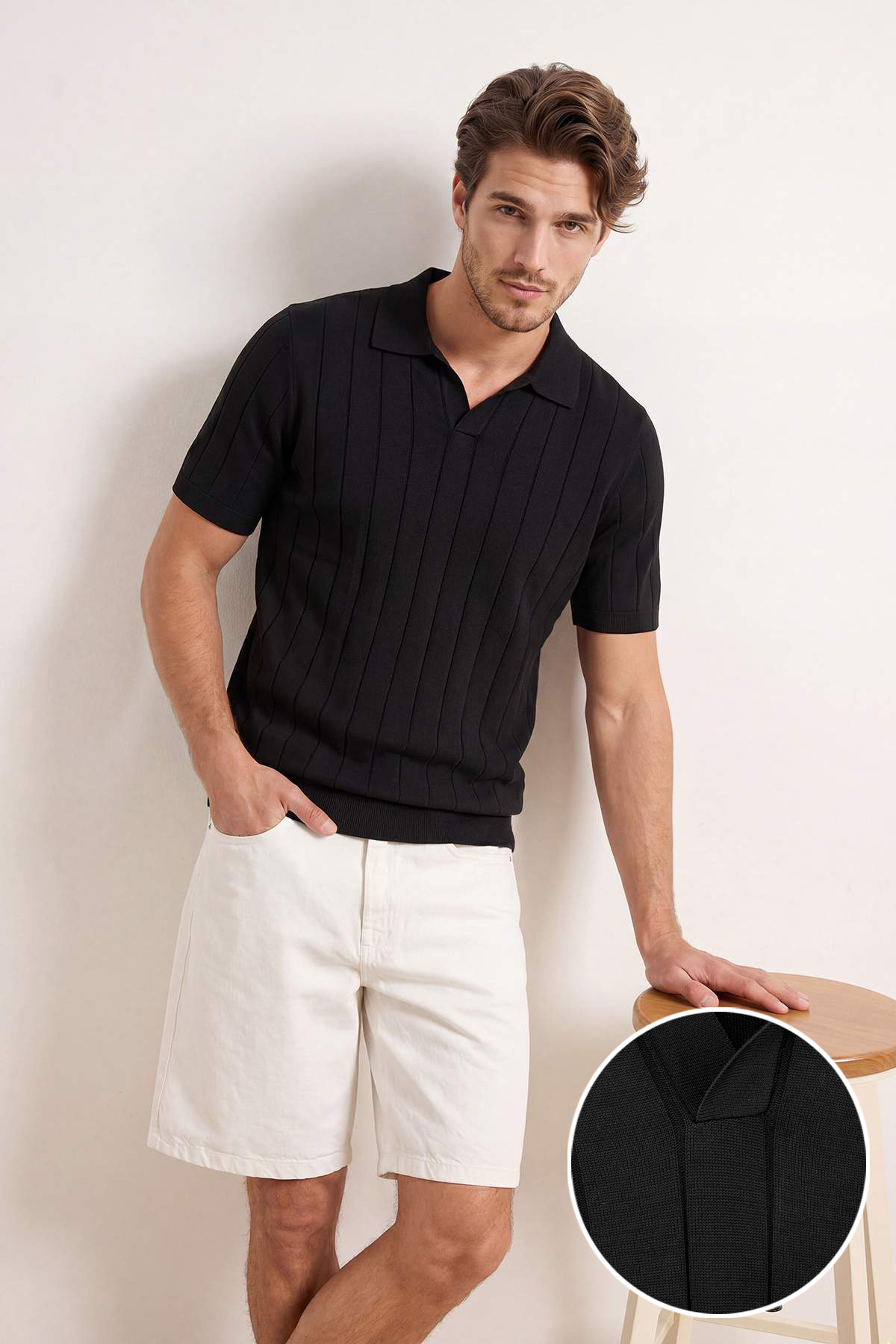 Trendyolmilla Man Siyah Regular/Normal Kesim Çizgi Dokulu Triko Polo Yaka T-shirt TMNSS26PO00042