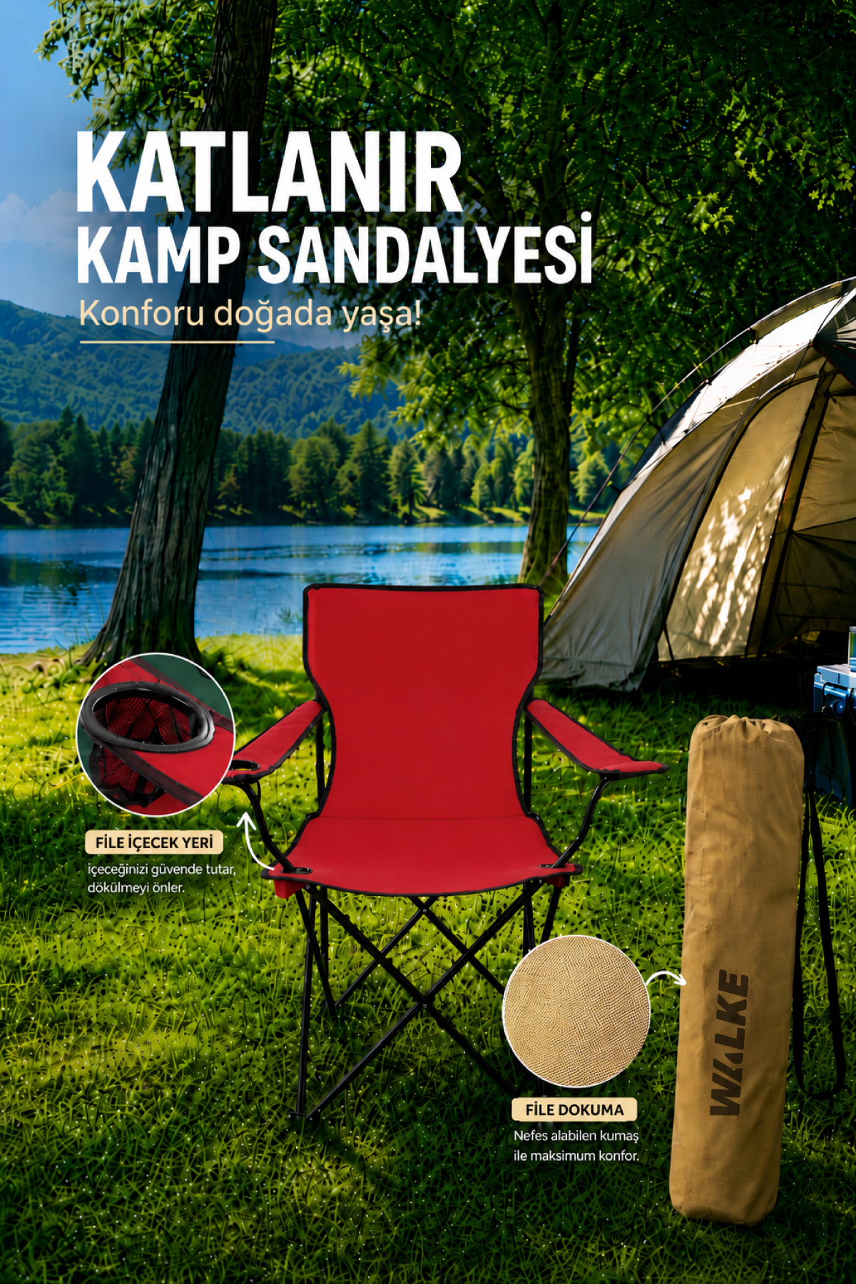 Foldable Camping Chair Picnic Chair Beach Chair with Red Carrying Case