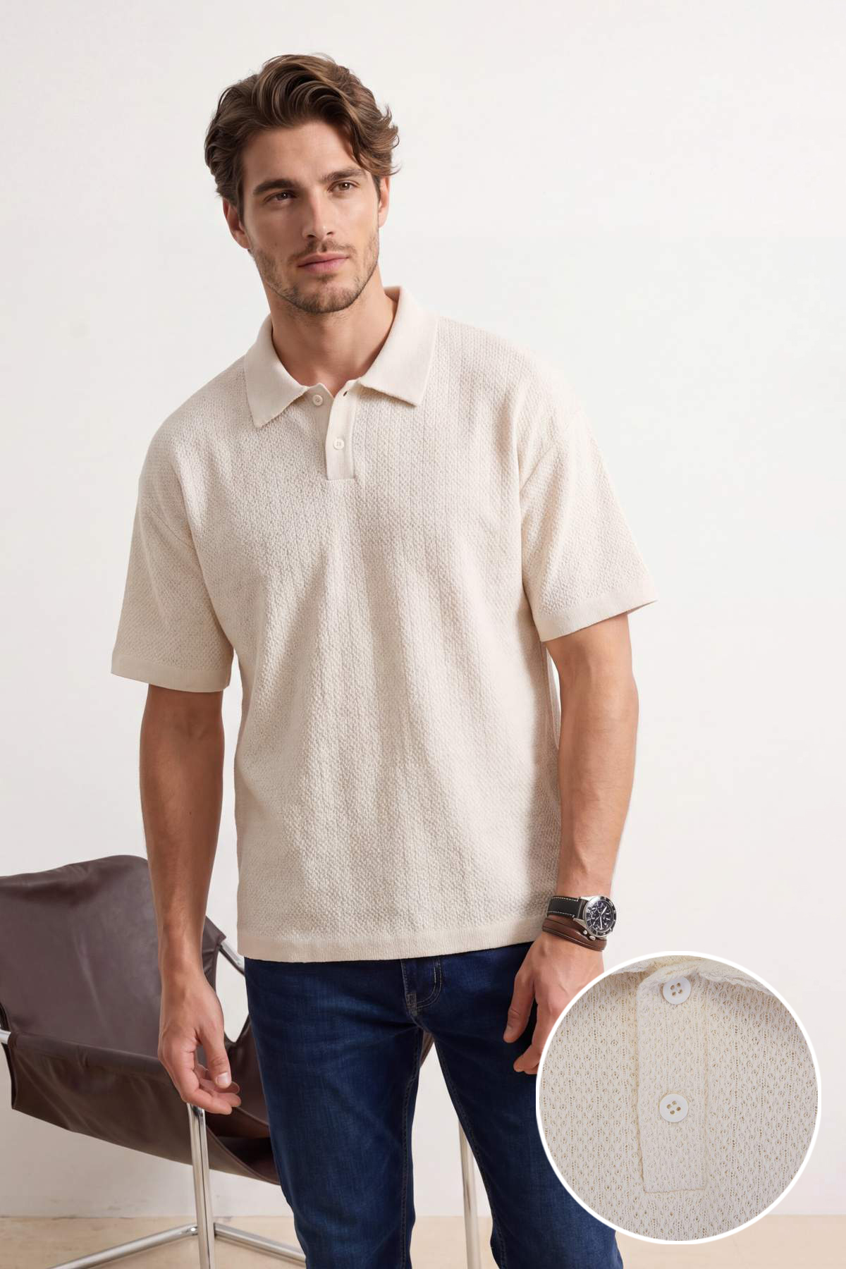 Trendyolmilla Man Ekru Oversize/Geniş Kesim Dokulu Polo Yaka T-shirt TMNSS26PO00007