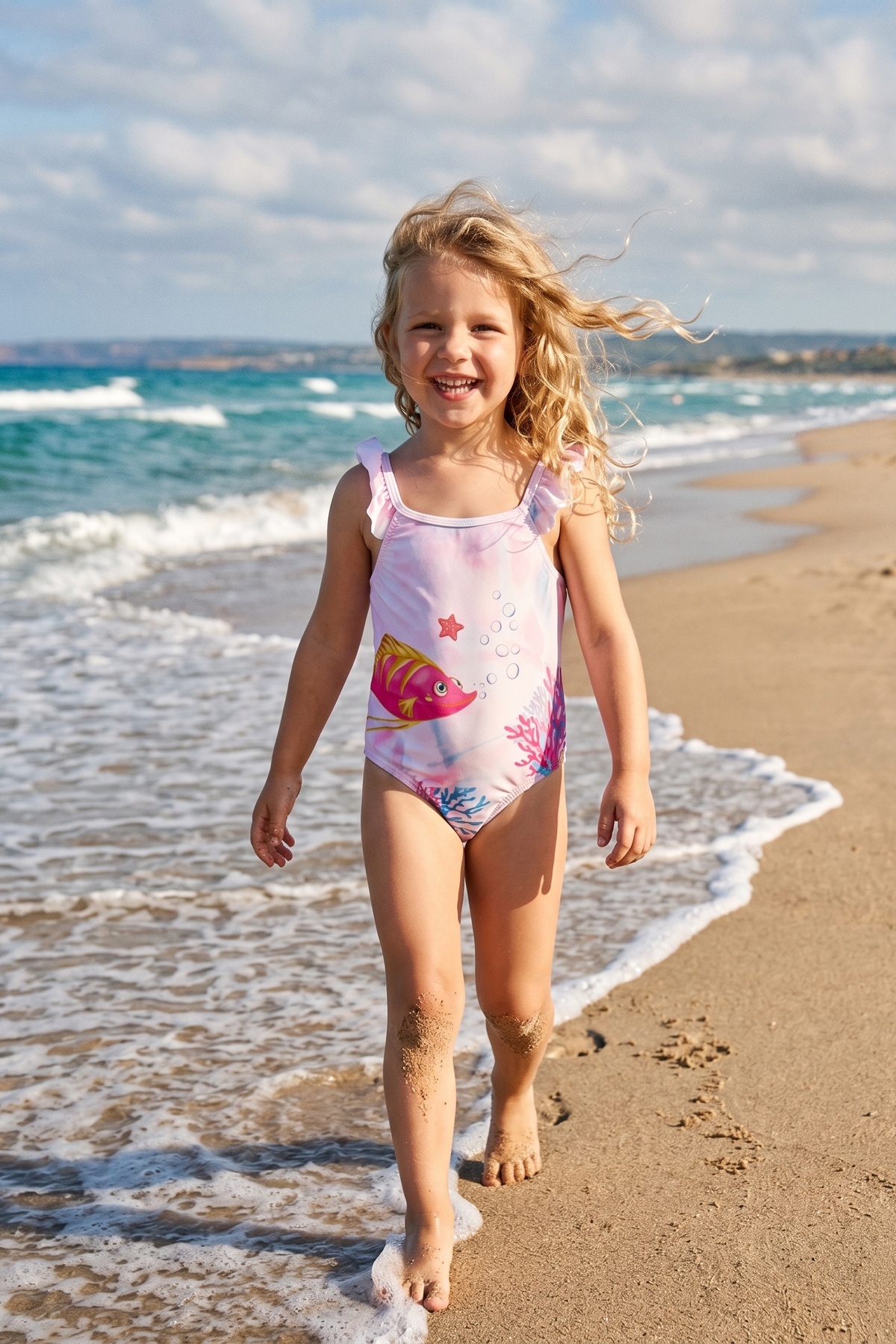 Girls Fish Printed Ruffle Detailed Swimwear Light Pink