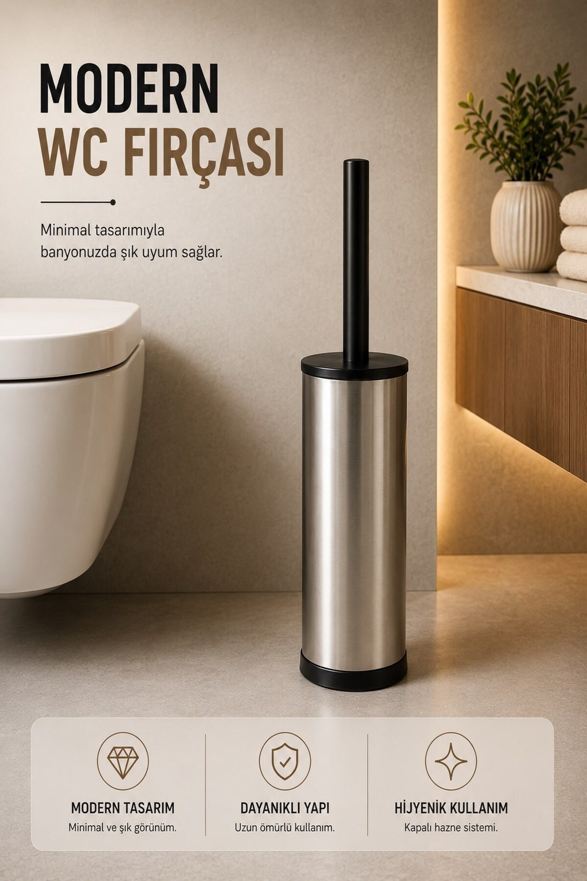 Metal Toilet Brush - Modern Bathroom Toilet Brush Set - Design Titan Chrome 7000 with Lid