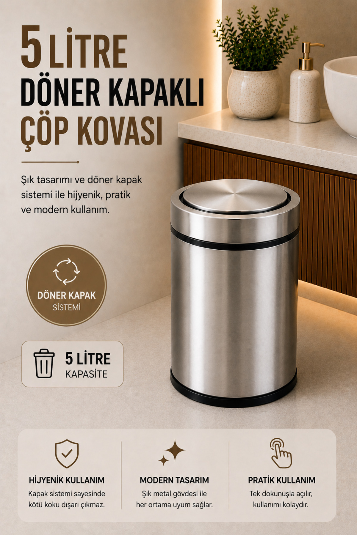 Sas Haus 5 Litre Döner Kapaklı Paslanmaz Çelik Banyo & WC Çöp