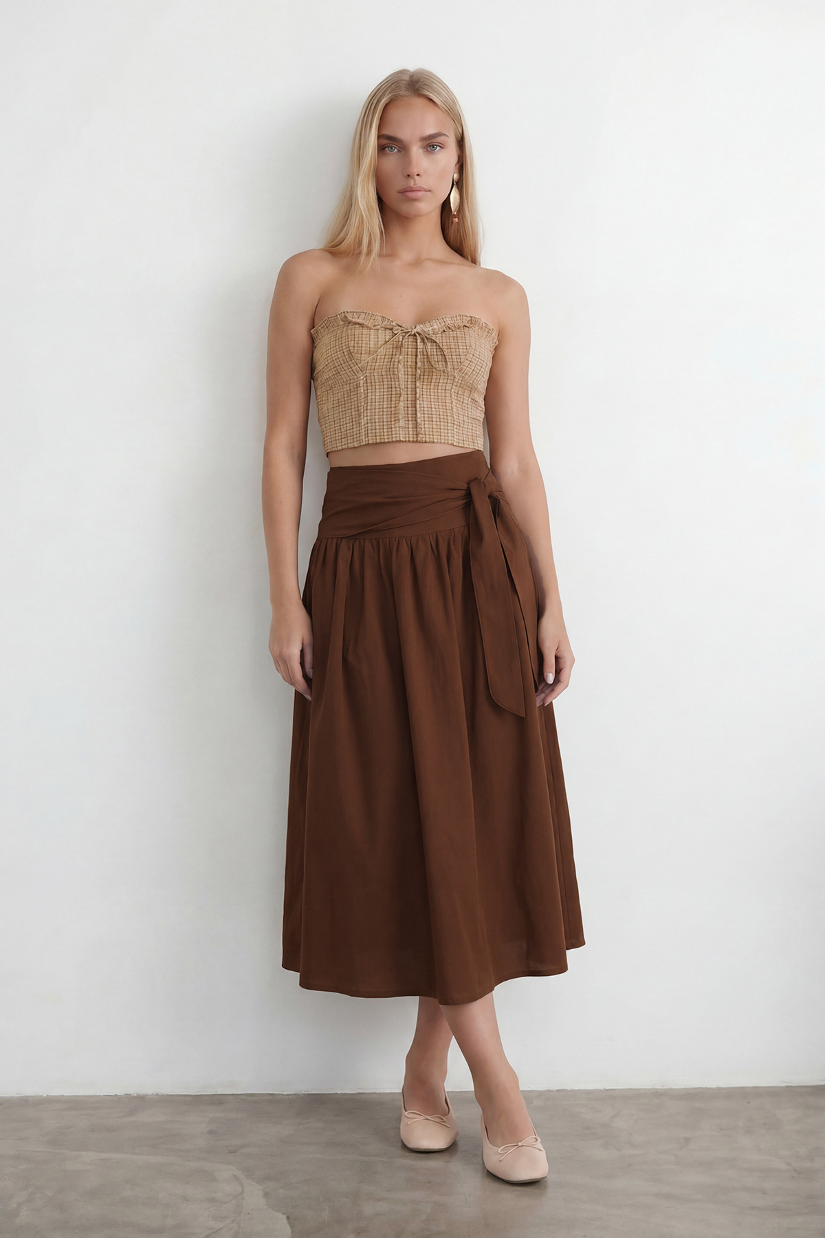 Brown Waist Tied Zipper Lined Midi Poplin Skirt Alc-X15519