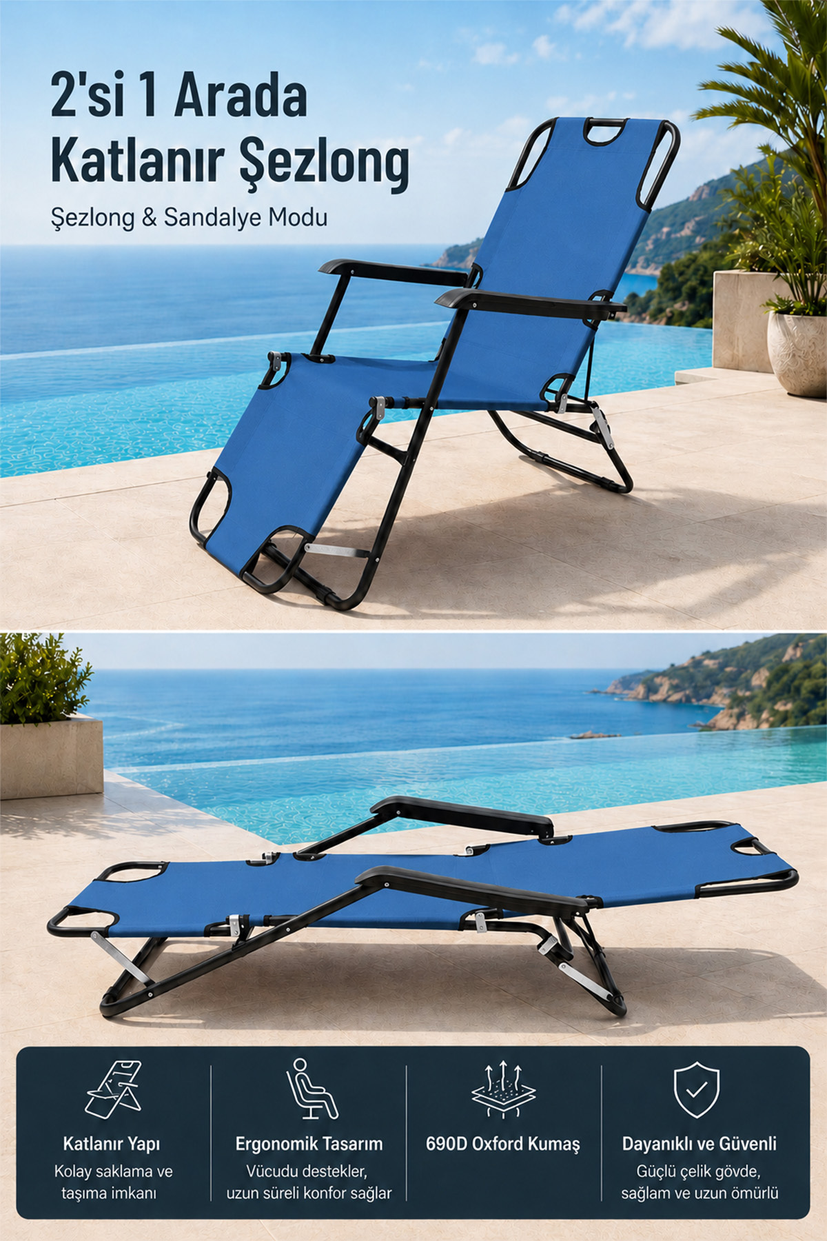 Litus Folding Sun Lounger Beach Lounger Portable Camping Chair And Garden Lounger - Blue