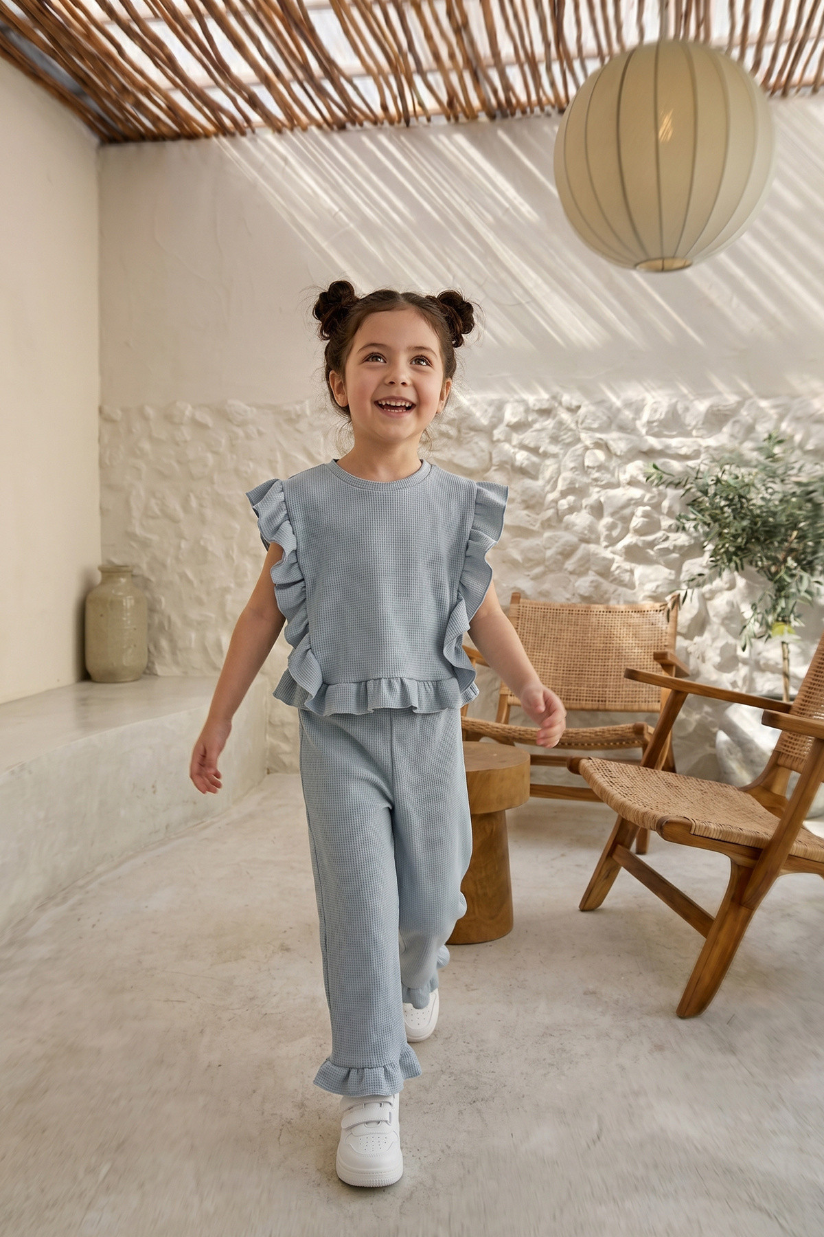 Minipodyum Girl's Top and Bottom Set Summer Ruffle Detailed Blue
