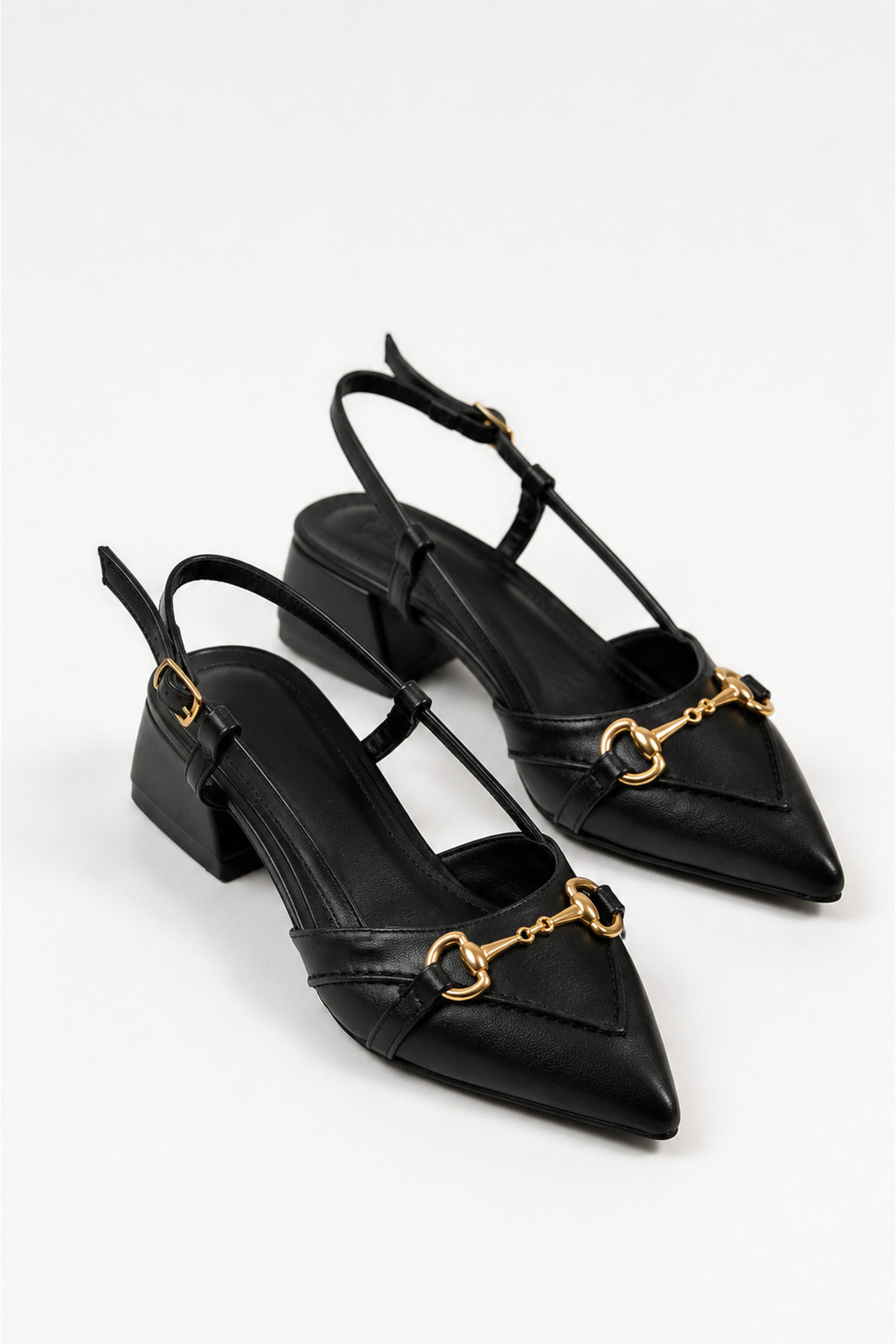 Women's Black Leather Saddle Buckle Pointed Toe Heel Shoes
