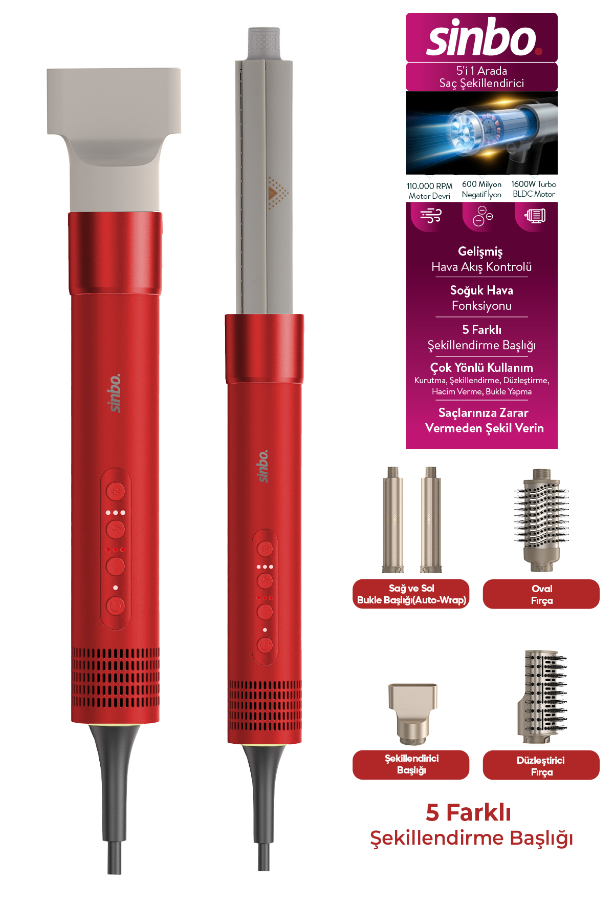 SHD-1760 RED 5in1 Hair Styler 16000W Turbo BLDC Motor 110000 RPM Negative Ion