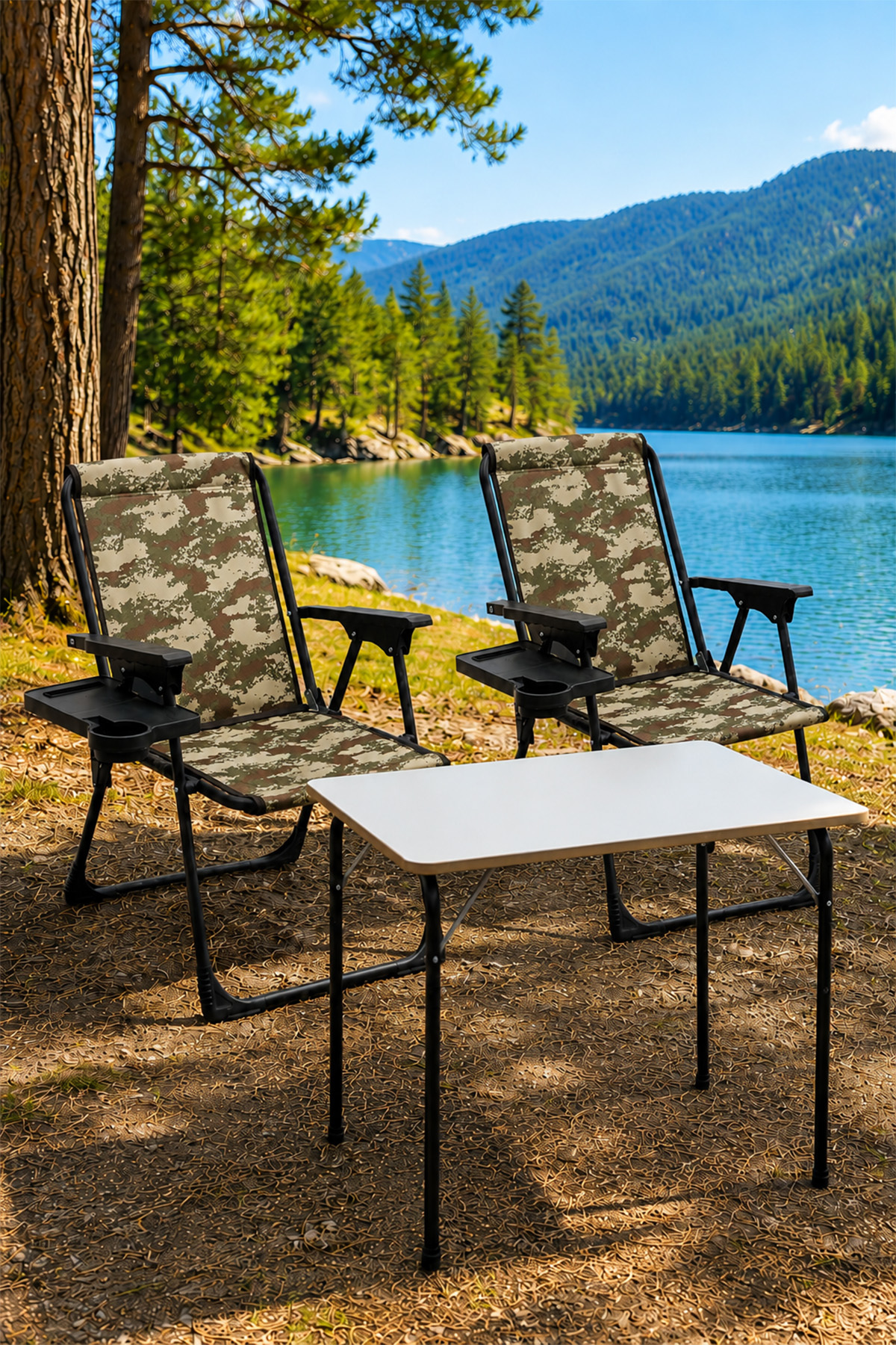 Natura 2 Piece Camping Chair Folding Chair Rectangular with Cup Holder Camouflage Folding MDF Table