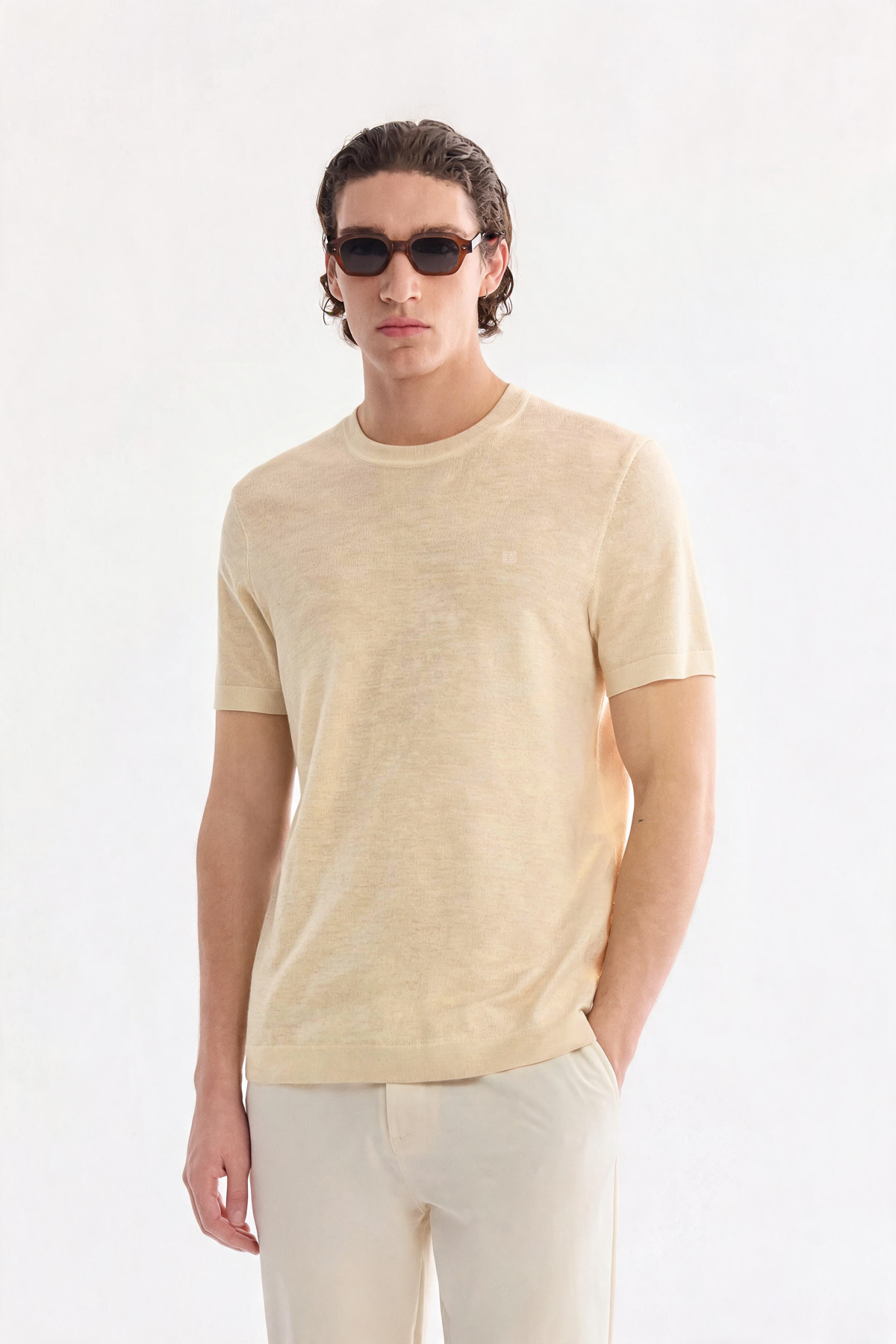 Men's Beige Crew Neck Knitwear Regular Fit T-Shirt A41Y5074
