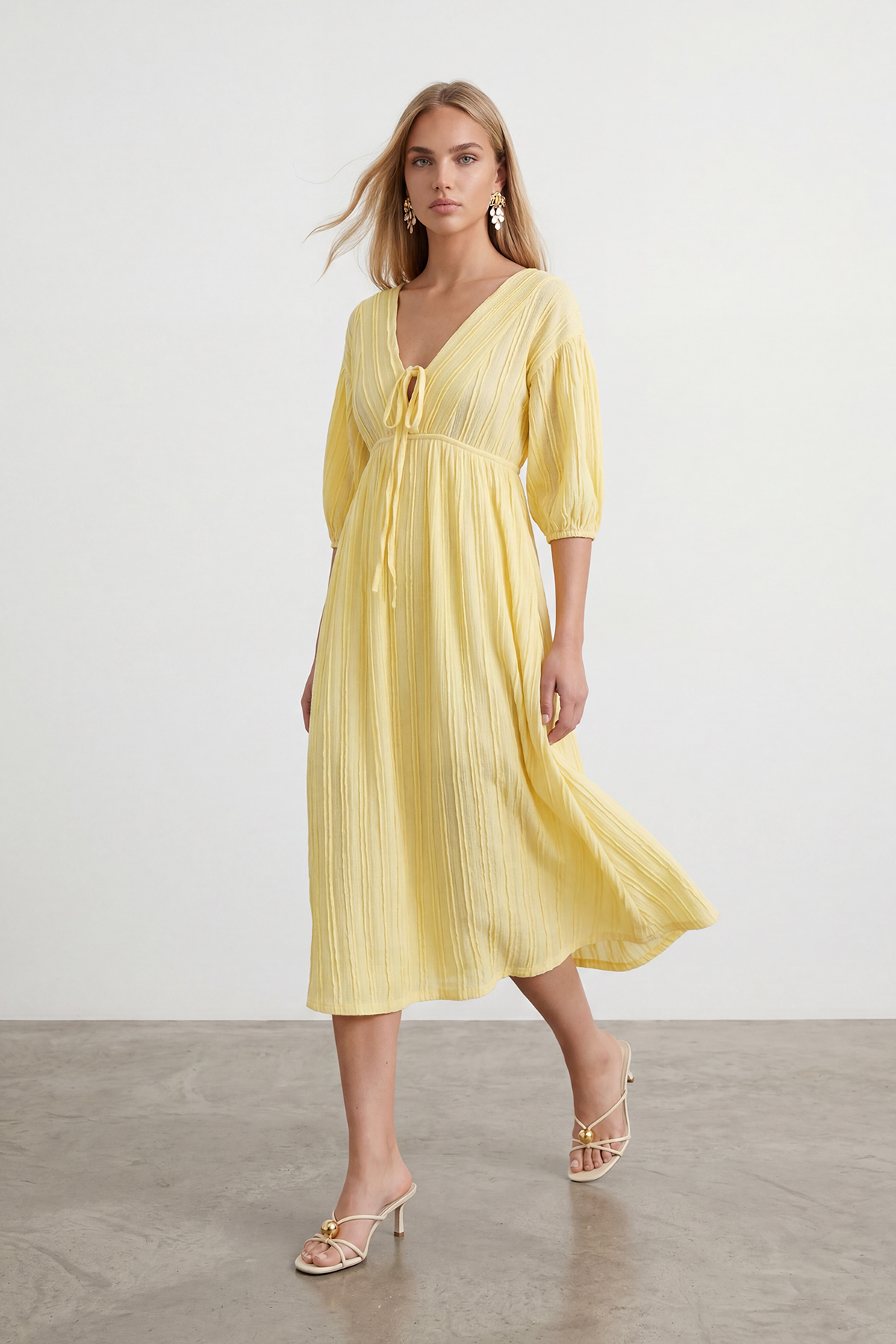 Yellow V-Neck Lashing Detailed Ruffle Fabric Maxi Size Dress ALC-X15413