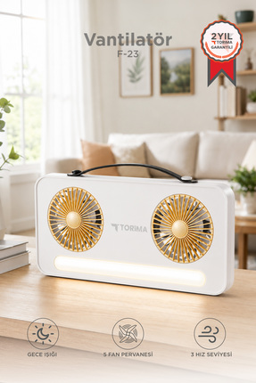 Torima Vantilatör Led Işıklı Şarjlı Çift Fanlı Mini Masaüstü Fan 1200 Mah F23...
