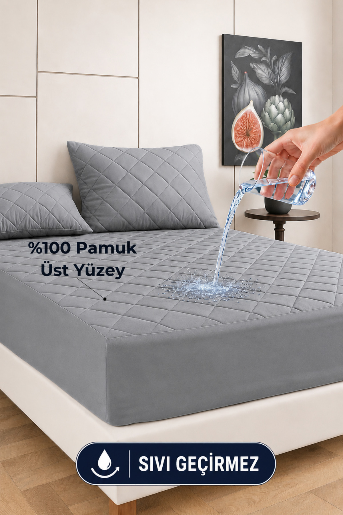 Premium Grey 100% Cotton Quilted Fitted Full Edge Waterproof Mattress Cover All Sizes